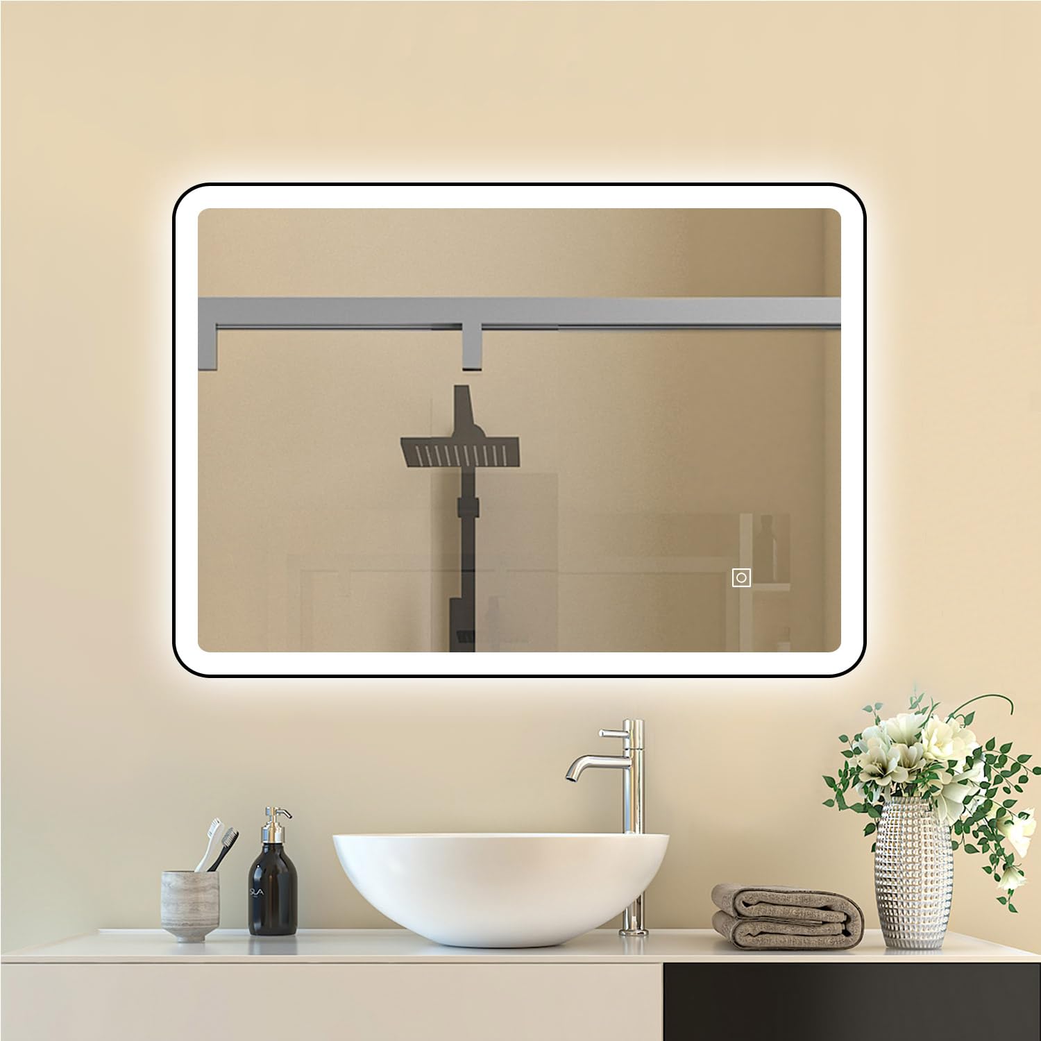Miroir LED cadre métal noir 700x500 mm haut de gamme désembuage