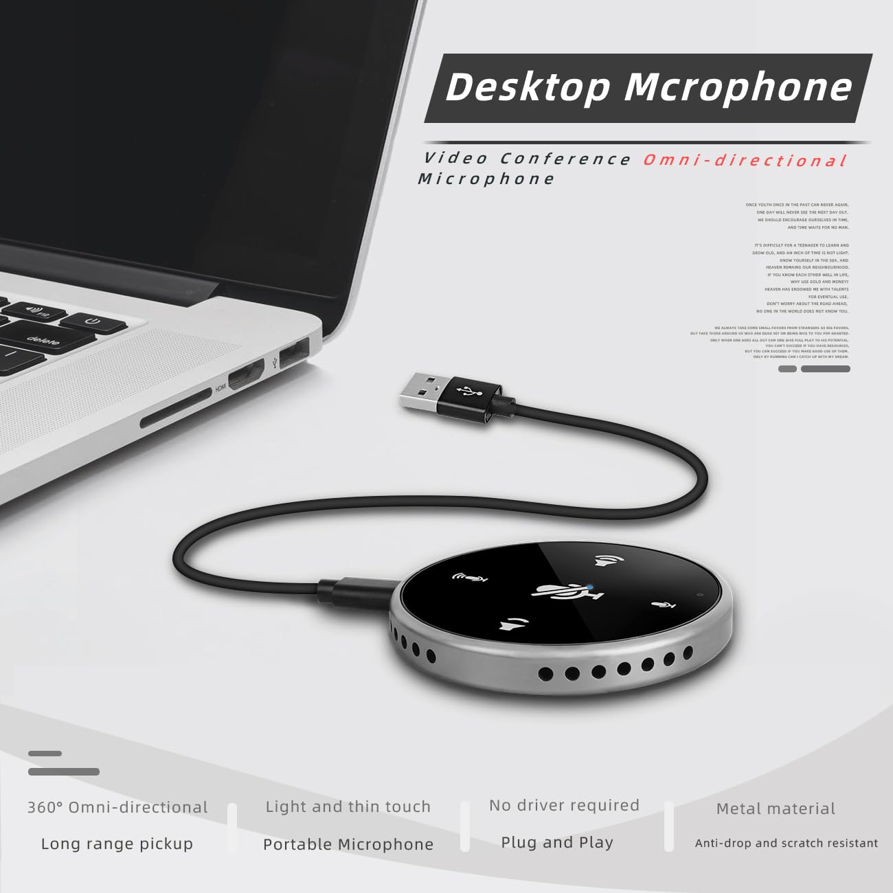Depusheng Altavoz USB Q5 Altavoz de Conferencia Negro y Gris con luz indicadora, Interruptor/Volumen/Botones de grabación Idea para Oficina en casa Captura de Voz de 360º
