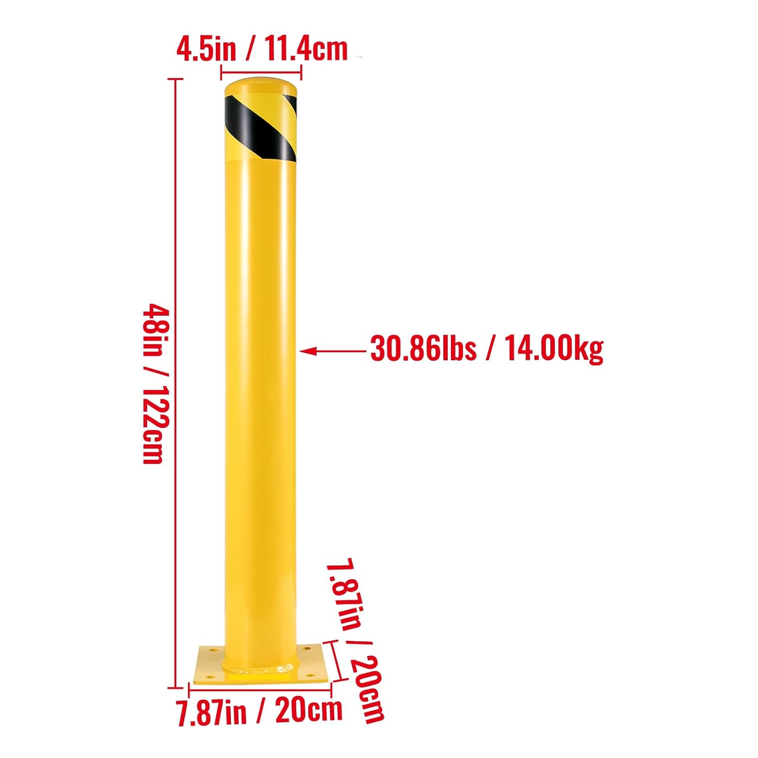 Happybuy Safety Bollard, 48" Steel Bollard Post, 4.5" Diameter, Yellow Powder-Coated Steel, Includes 8 Anchor Bolts, Ideal for Traffic-Sensitive Areas
