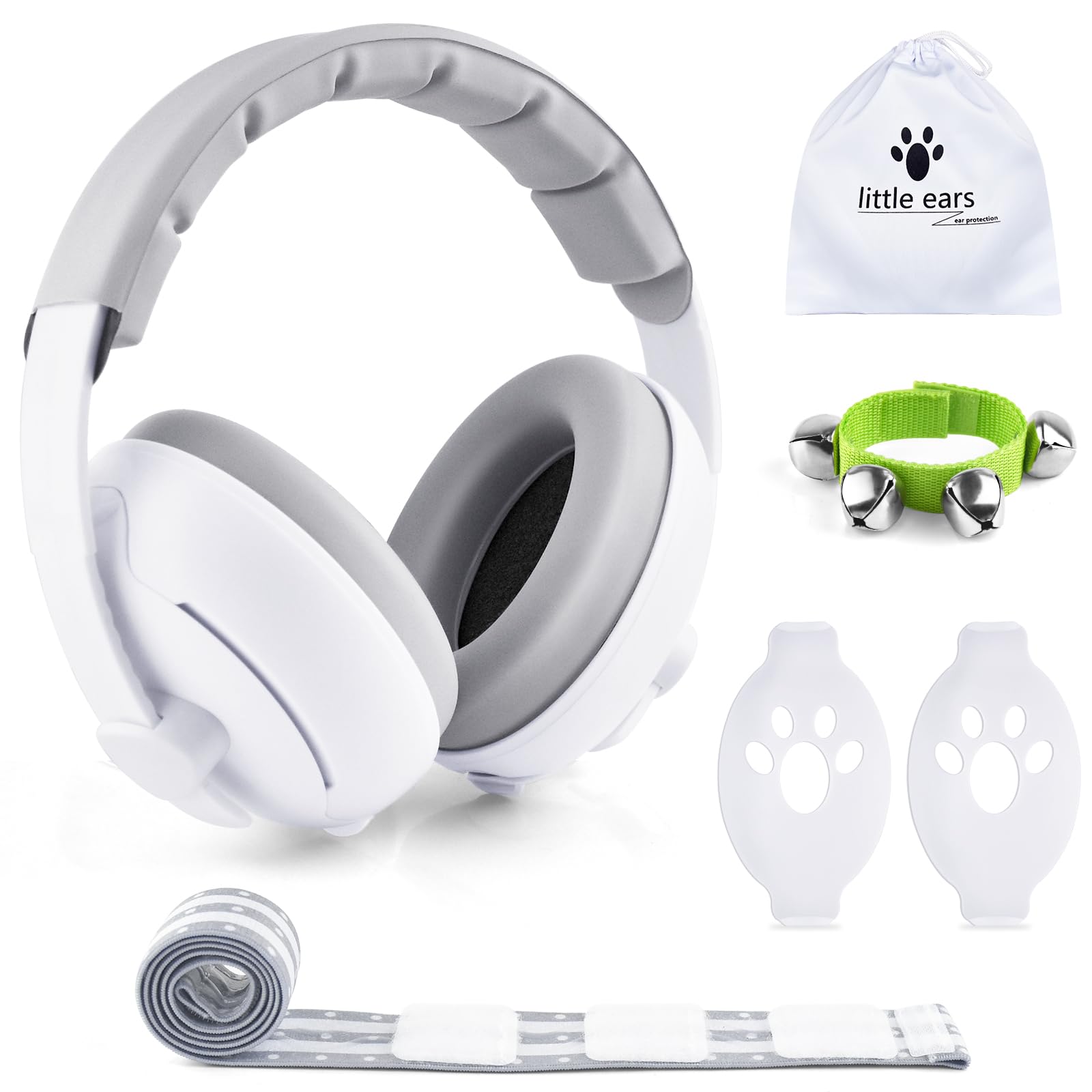 2 in 1 Cuffie Neonato Antirumore Neonati Bambini 0-4 anni Insonorizzate Rumore Aereo Concerto Bambina Protettori Acustici Protezione Udito Acustica Cuffia Morbida Baby Earmuffs + Campanelle da Polso