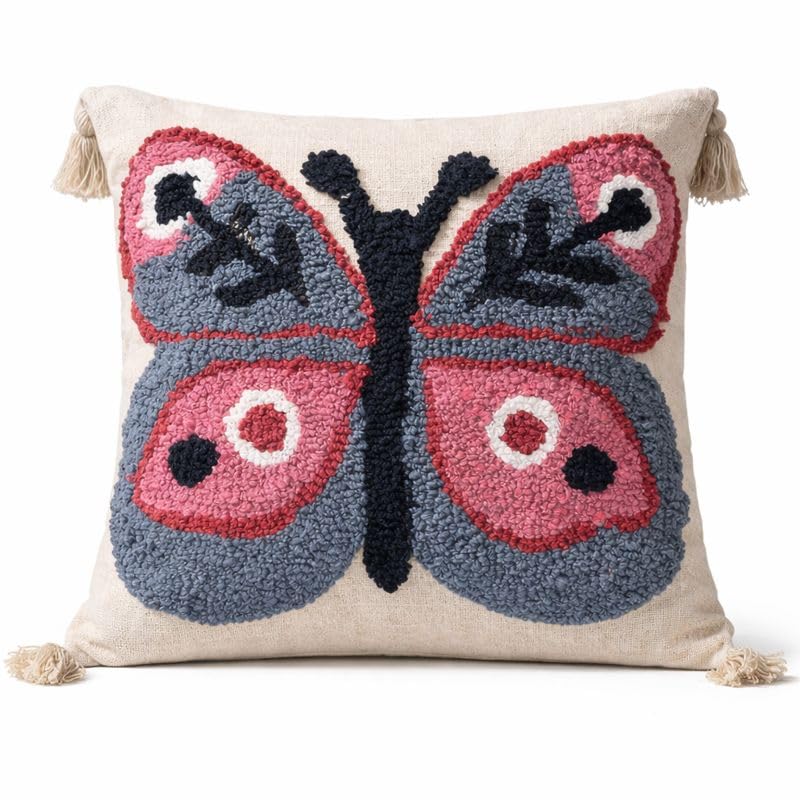 Image of Hand Tufted Cotton Cushion Cover with Butterfly Design and Tassels, Textured Throw Pillow Case for Sofa, Couch, Bed, Boho Farmhouse Home Decor, 16x16 Inch, Pack of 1