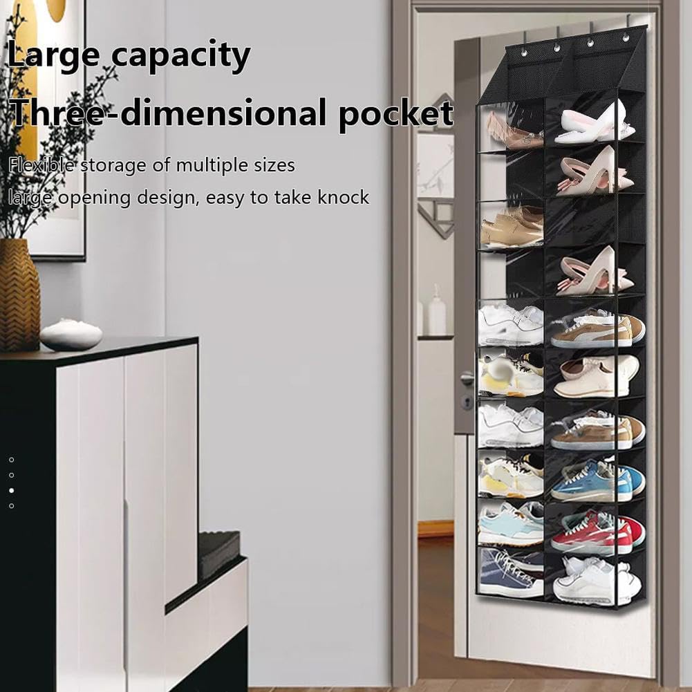 Garvee Platzsparendes Über-Tür-Schuhregal 10 Ebenen – Hängender Schuh-Organizer aus Oxford-Stoff, 20 große transparente Taschen, 4 Metallhaken – Doppelte Reihen-Aufbewahrung, Double Row Storage Bag