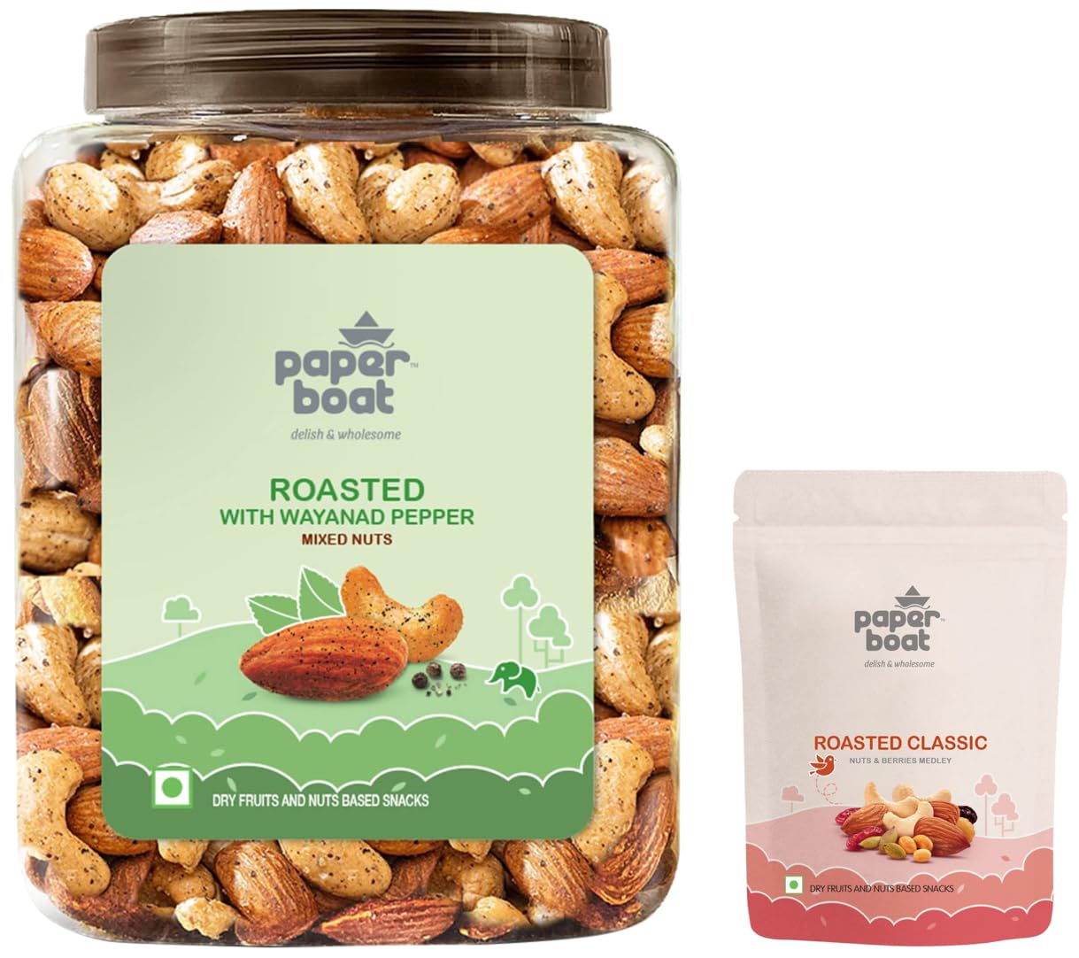 Paper BoatPaper Boat Roasted Mixed Nuts with Wayanad Pepper,1 KG Jar & Paper Boat Classic Roasted Nuts, Seeds & Berries Medley (200 g)
