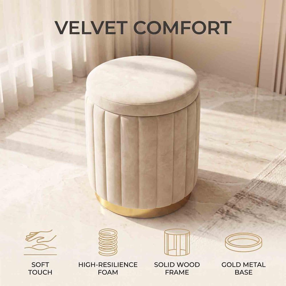 Pouf Sgabello Rotondo Contenitore, poggiapiedi ottomano in Velluto con vano Nascosto e Base in Legno, Sgabello toeletta Compatto, Crema