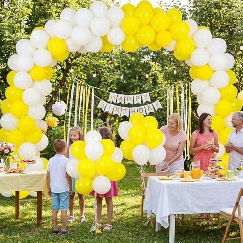 Image of RUBFAC Yellow Balloons 65pcs, 12 Inch Party Balloon with Ribbons for Birthday Baby Shower Masquerade Party Decorations