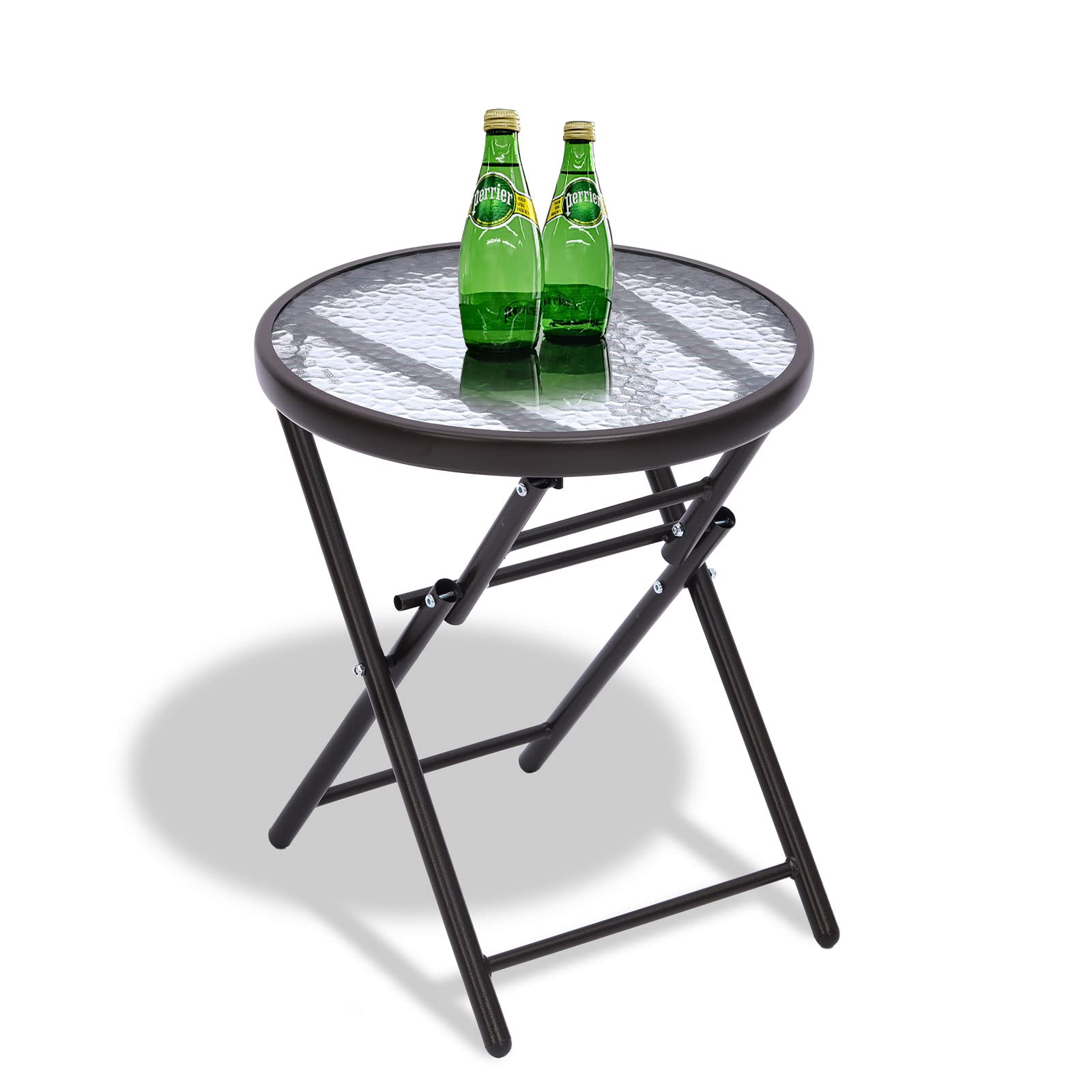 SUNNYPARK 18” Round Folding Side Accent Coffee Tea Table Tempered Glass Top Metal End Table Indoor Outdoor for Backyard Balcony Poolside Sunroom- Clear Ripple