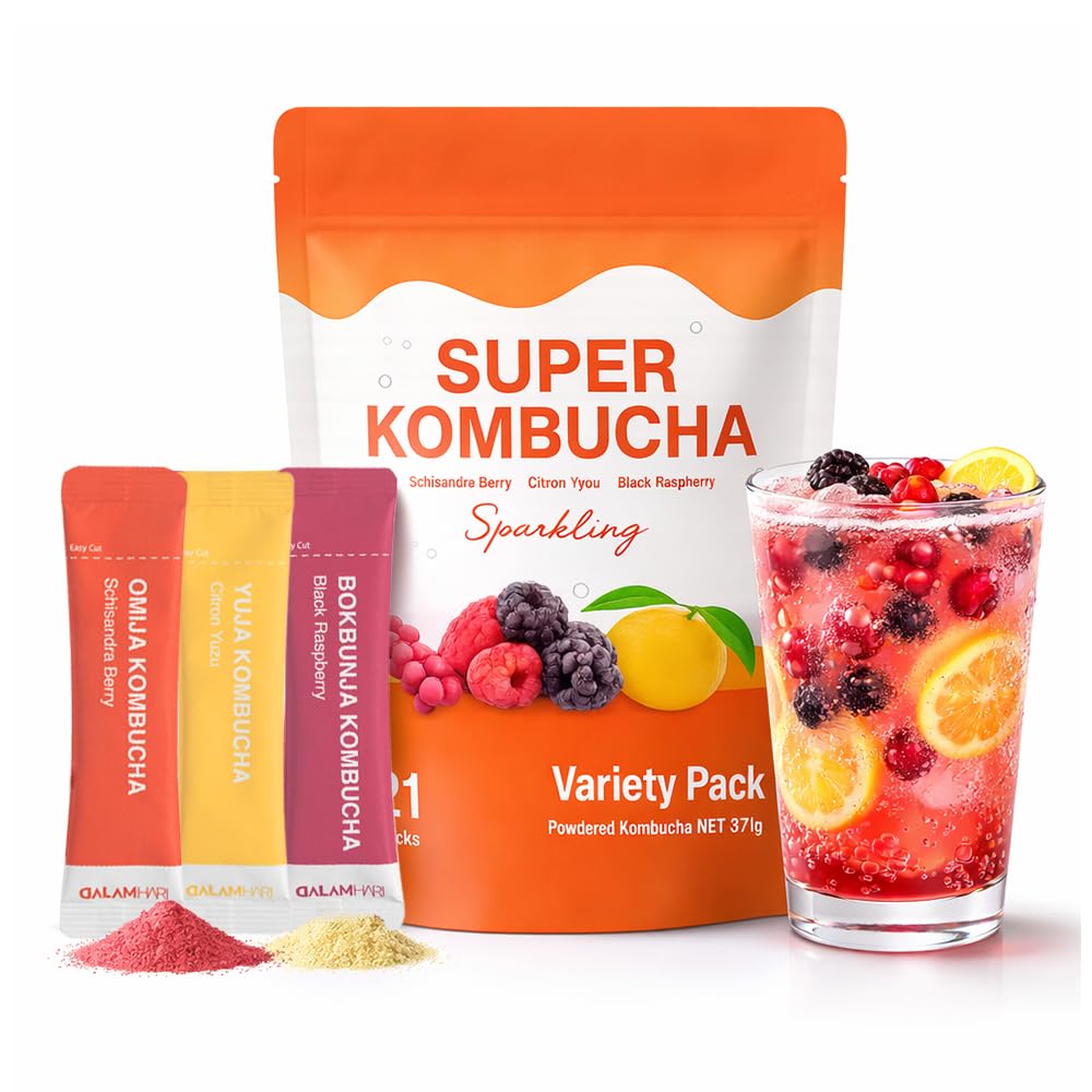 DALAMHARI Kombucha Powder Packets | Variety Pack 21T | Sparkling Probiotic Kombucha Drink for Gut Health Ade Powdered Soda | Kombucha Tea Flavoring Synergy with Oriental Remedy Adaptogen Superfruit Fermented Foods