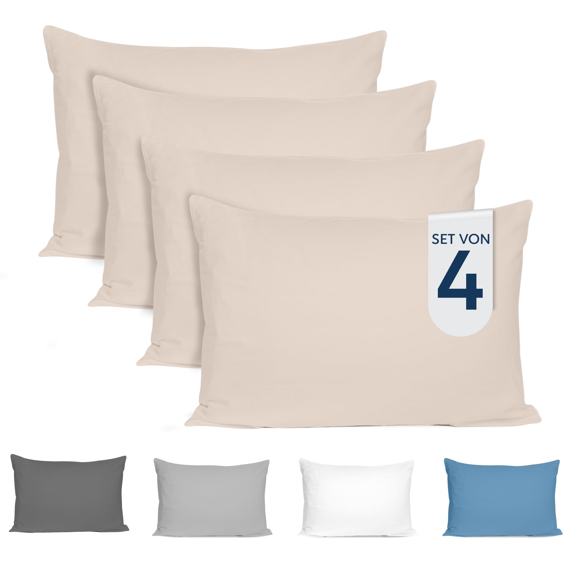 Dreamzie Kissenbezug 40x80 (4er Set) - 100% Jersey Baumwolle 150 g/qm Kissenbezüge - Beige - Für Kissen 40 x 80 cm - Kissenhülle - Kissenbezug - Resistent und Hypoallergen - Zertifiziert Oeko-Tex