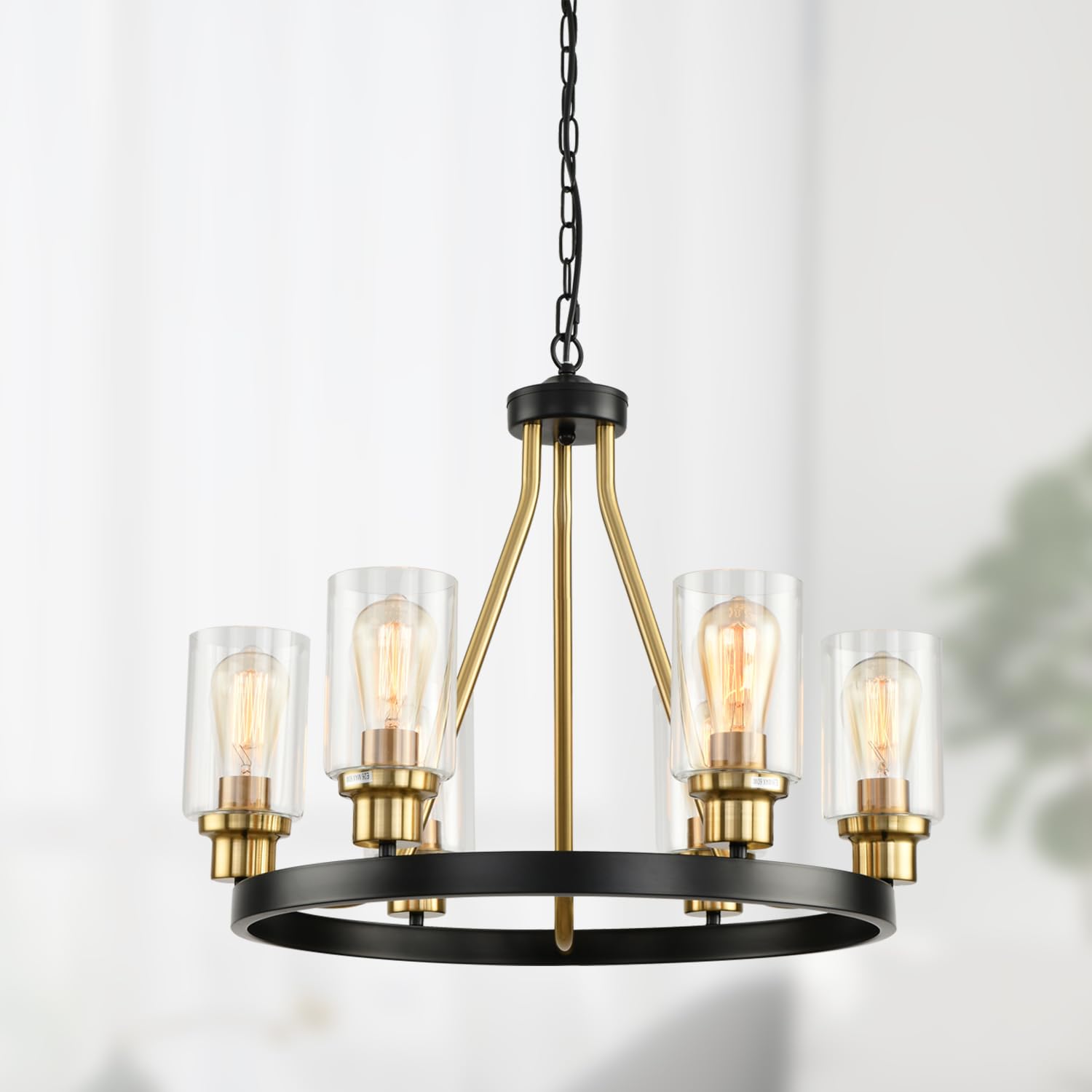 6-Light Wagon Wheel Chandelier, Retro Farmhouse Country Style Industrial Round Pendant Ceiling Light Fixture for Living Room, Hanging Fixture Candle Chandelier (Gold)