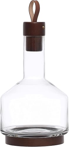 Bloomingville Base de madera de acacia de vidrio de 10.5 pulgadas, 62 onzas, tapón y tirador de cuero, jarra con acabado de nogal, transparente