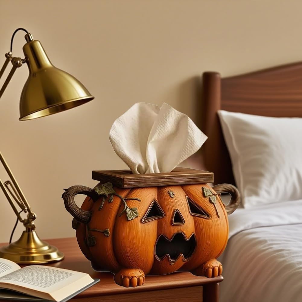 Uchwyt na pudełko na chusteczki z dynią na Halloween, rzeźbiony organizer na papier do twarzy, upiorny dozownik chusteczek do domu, łazienki, kuchni, dekoracji biura (3 szt.)
