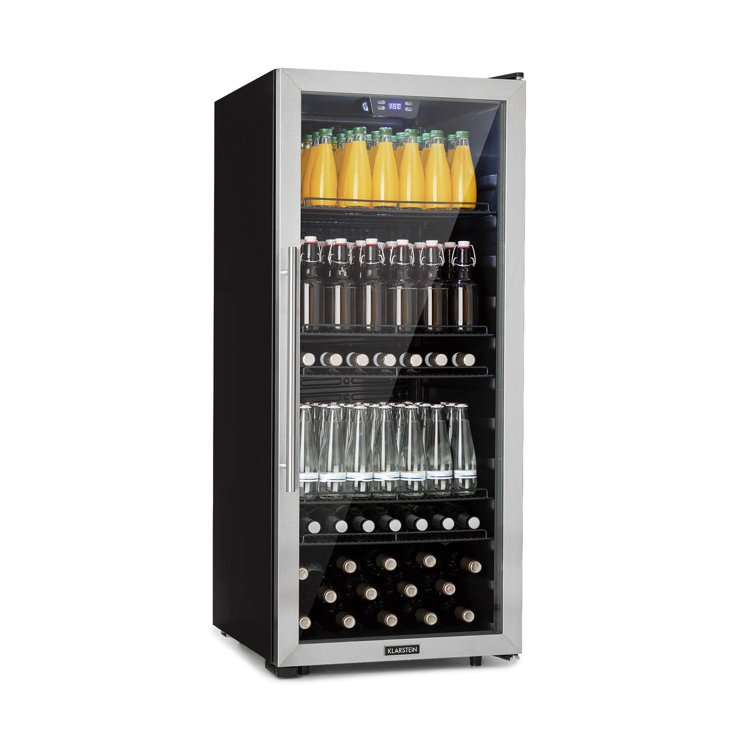 Klarstein Beersafe Getränkekühlschrank 242 L Kühlschrank mit Glastür Silber-Schwarz LED-Beleuchtung herausnehmbare Metallablagen leise