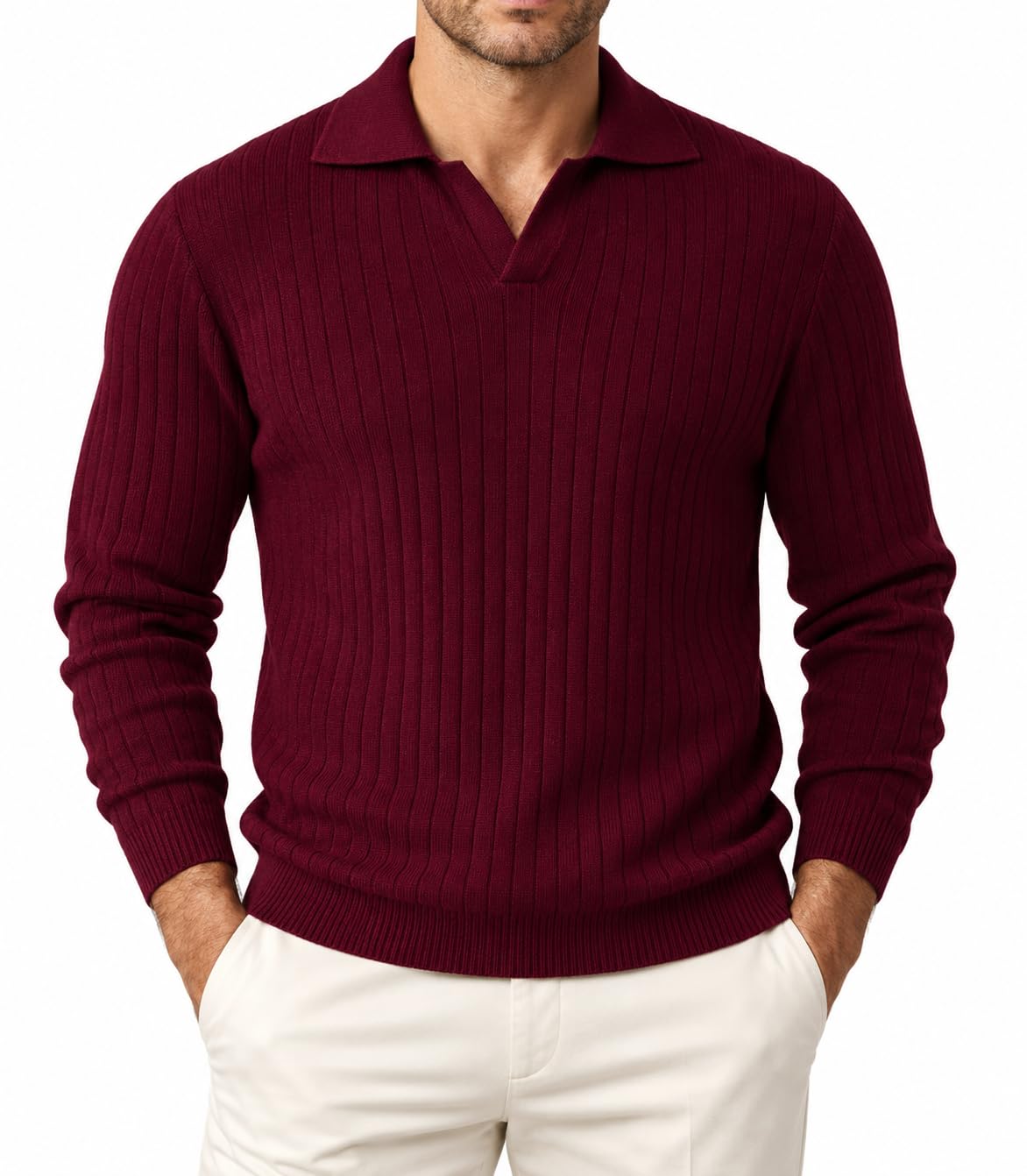 Lenygose Men's Knit Polo Sweater Long Sleeve V-Neck Pullover | Ribbed knit,V-Neck Polo Collar,Soft Knit Feel,business casual,Fall winter wear,Old Money Style