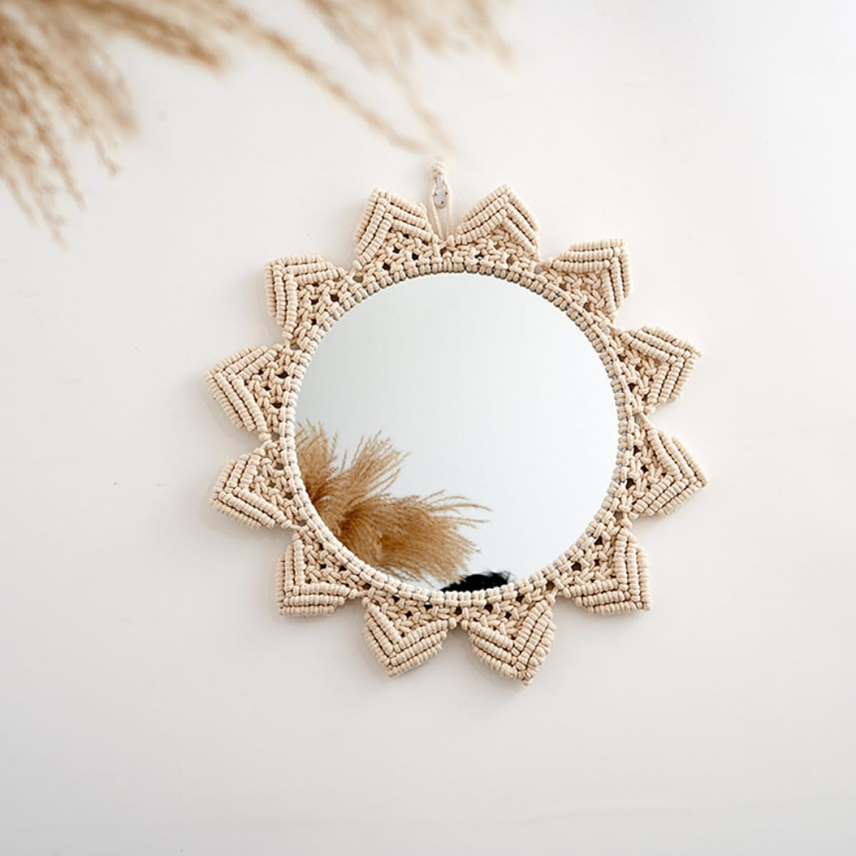 Luxshiny Runder Hängespiegel aus Baumwollseil mit Boho Stil Wanddekoration für Schlafzimmer und Hotel Kreativer Makramee Spiegel zur Wandverschönerung