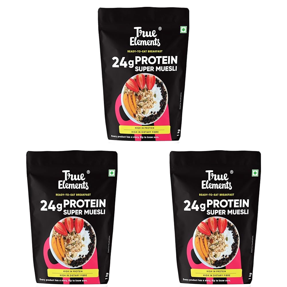 True Elements Protein Muesli 1kg - 24g Clean Protein | With 15% Millets, Almonds, Seeds & Black Currant | High Protein Breakfast Cereal | 100% Wholegrain Muesli (Pack of 3)-image-40