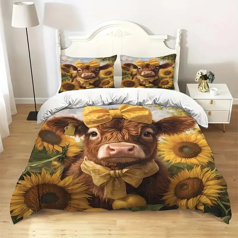 Housse de Couette 240x260 Bœuf 3D et Tournesol avec 2 Taies d'Oreiller Réversible