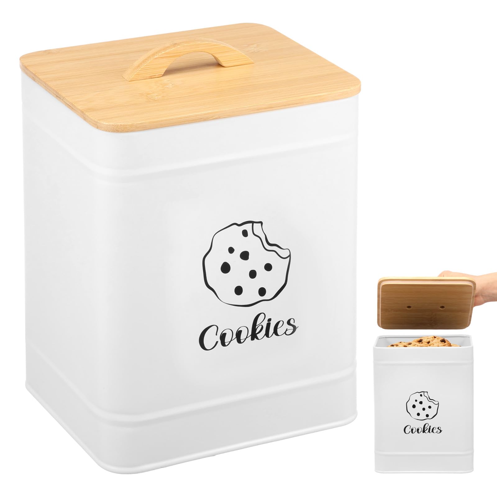 HAIJED 6L Cookie Jar with Bamboo Airtight Lid & Handle Large Food Storage Container Mental Biscuit Container Jar Farmhouse Home Decor Cute Cookie Tin for Candy, Cookies, Dessert(White)