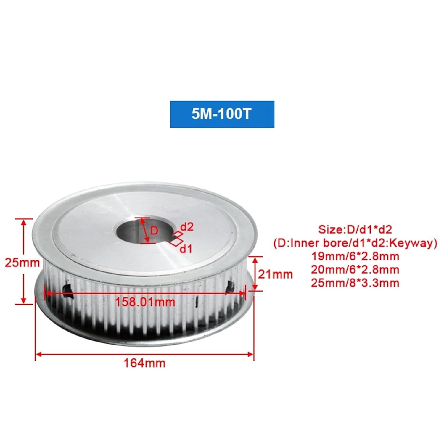 HTD5M-100T Pulley 21mm Belt Width Gear Belt Pulley Keyway Type 100Teeth 19/20/25mm Bore Aluminum Alloy Pulley(Bore 16mm Key 5x2.3)