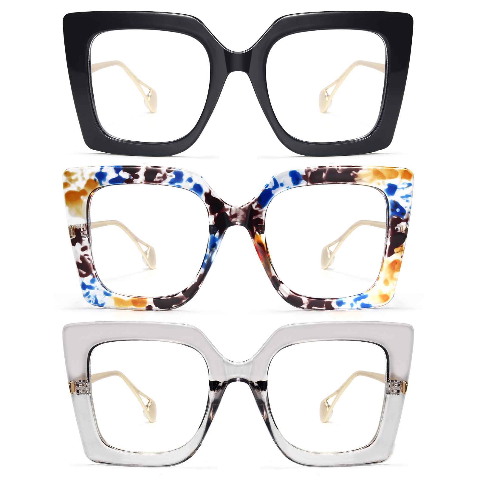 IBOANN Oversized Blue Light Blocking Glasses for Women - Big Fashion Square Thick Frame w/Clear Fake Eyeglasses - Filter Computer Screen UV Rays Anti Glare Fatigue Strain