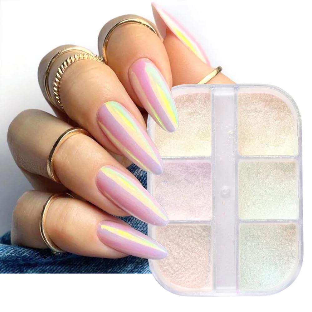6 griglie cromate glitterate per unghie, polvere per unghie, polvere per unghie, polvere per unghie, decorazione per nail art, artigianato in resina (01_Aurora)