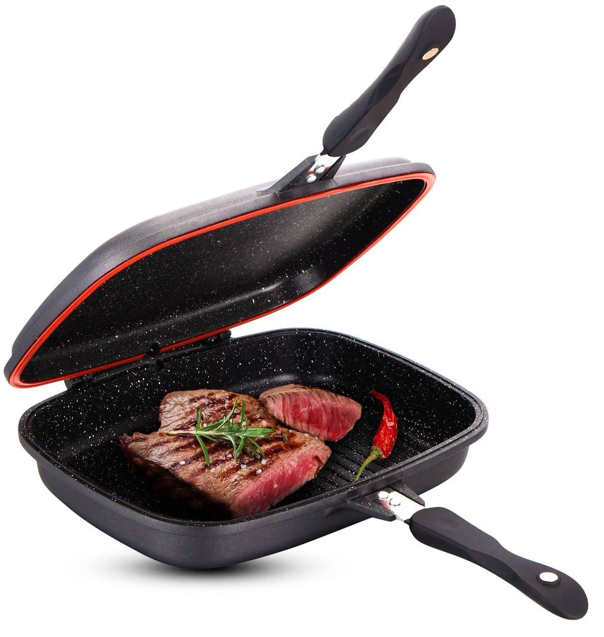 Cheffinger Podwójna patelnia 32 cm, odlew aluminiowy, patelnia do grillowania, indukcja, patelnia do ryb
