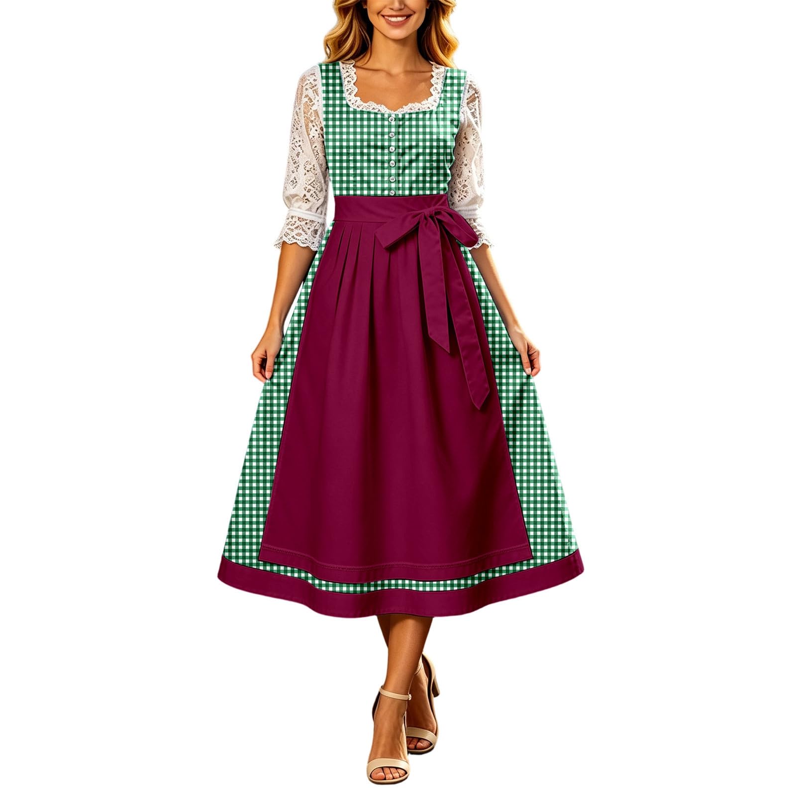 Generisch Abito da festa della birra con fiocco in vita, lungo costume di carnevale, elegante alternativa per donne, tessuto pregiato, perfetto per celebrazioni, romantico, lavorazione di alta qualità