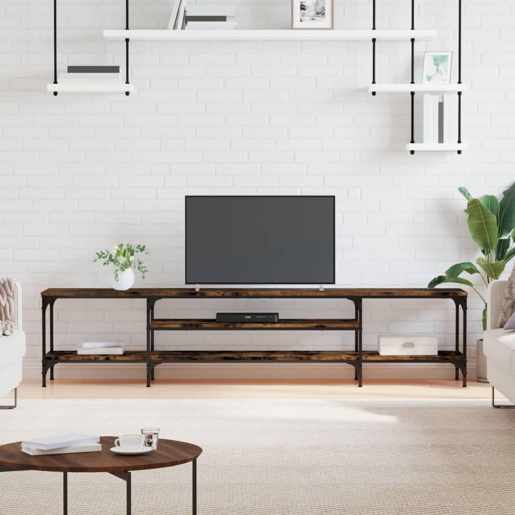Mueble para TV (roble ahumado, 201 x 35 x 45 cm, madera y hierro, estilo industrial, resistente con estanterías)