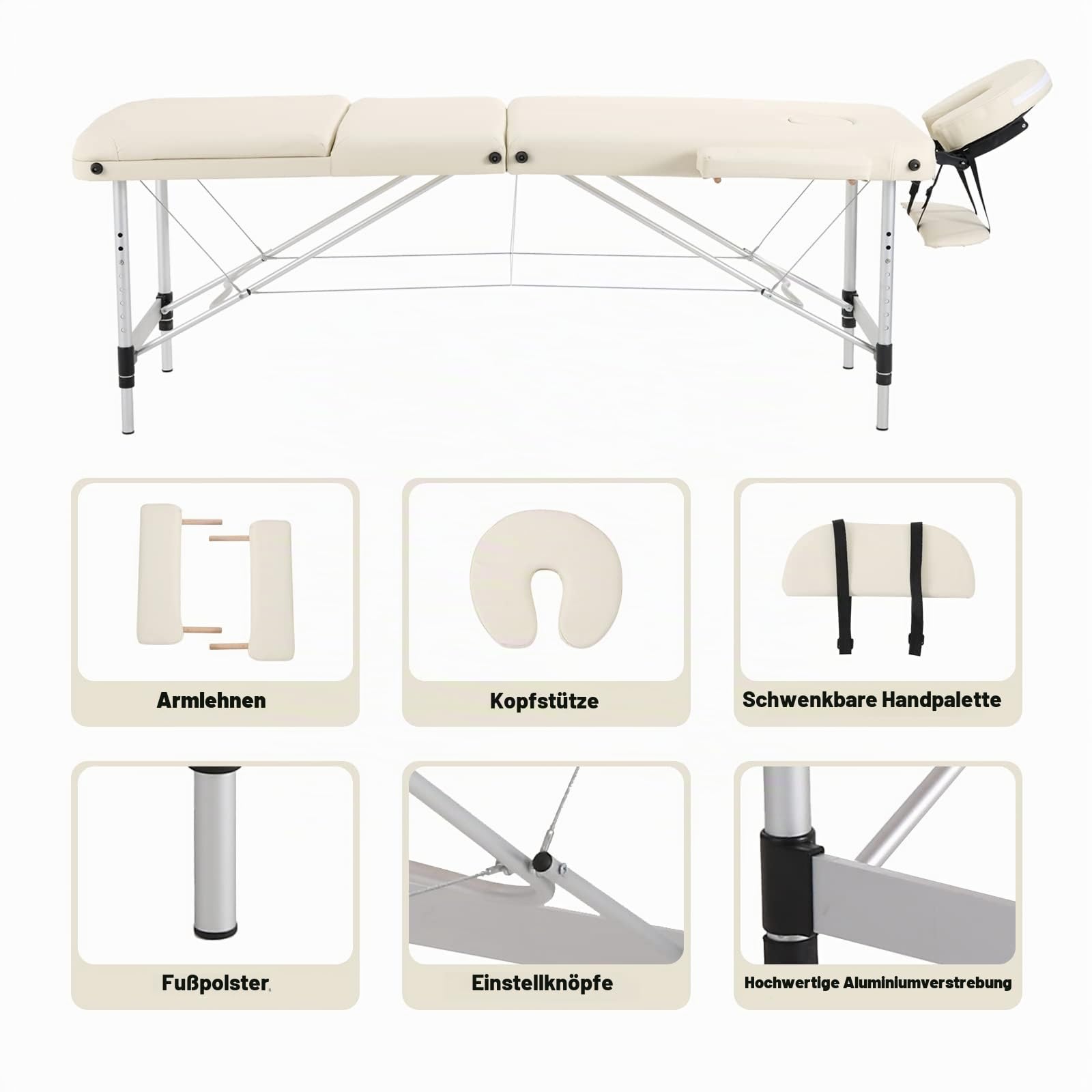 Panana Tragbare Massageliege Klappbar 3 Zonen Höhenverstellbarer Massagetisch mit Kopfstütze & Armlehnen Massagebank Aluminium Tattoo-Tisch (Beige)