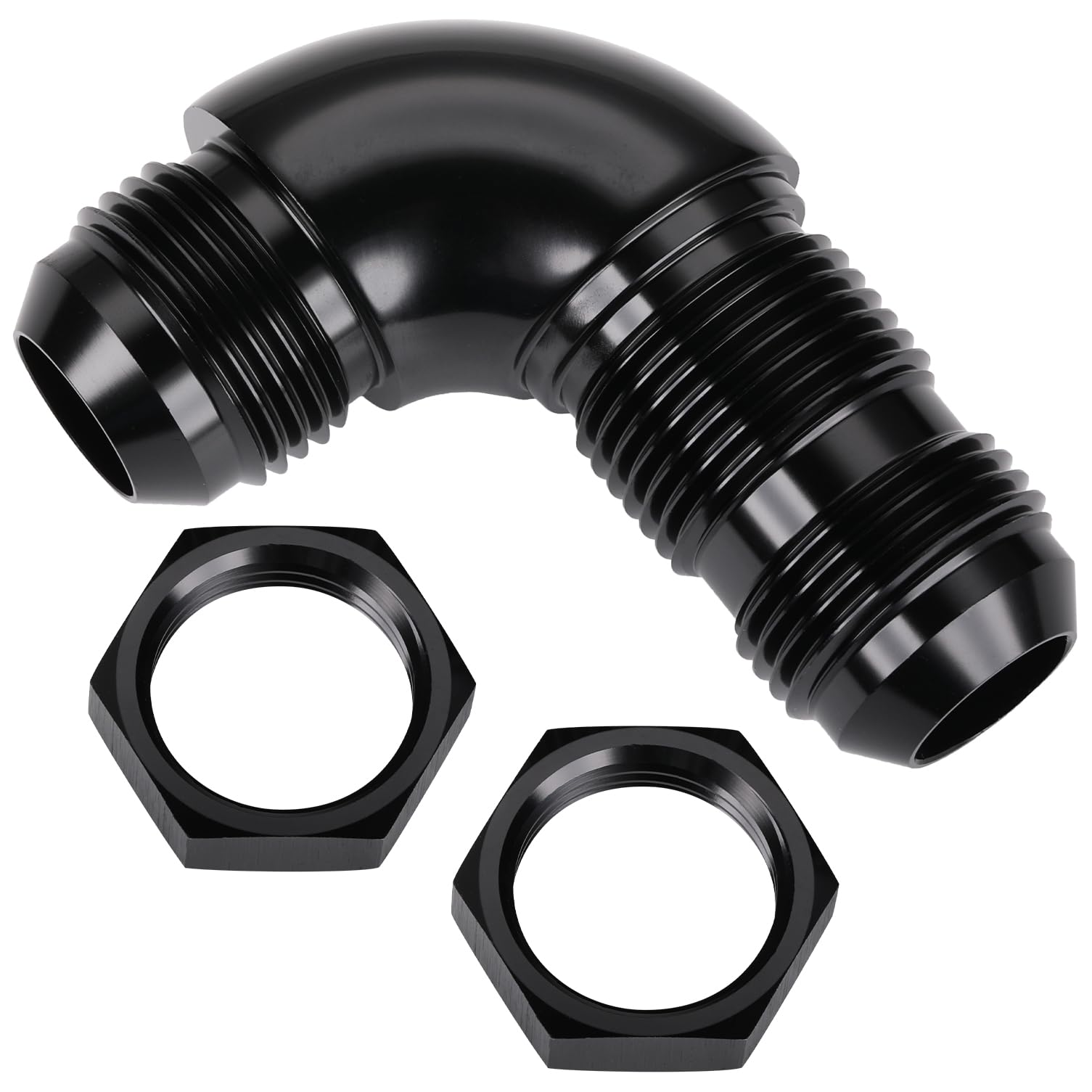 Podavelle 12AN Male Flare 90 Degree Bulkhead Full Flow Fitting Adapter with AN12 Nuts Aluminum Black