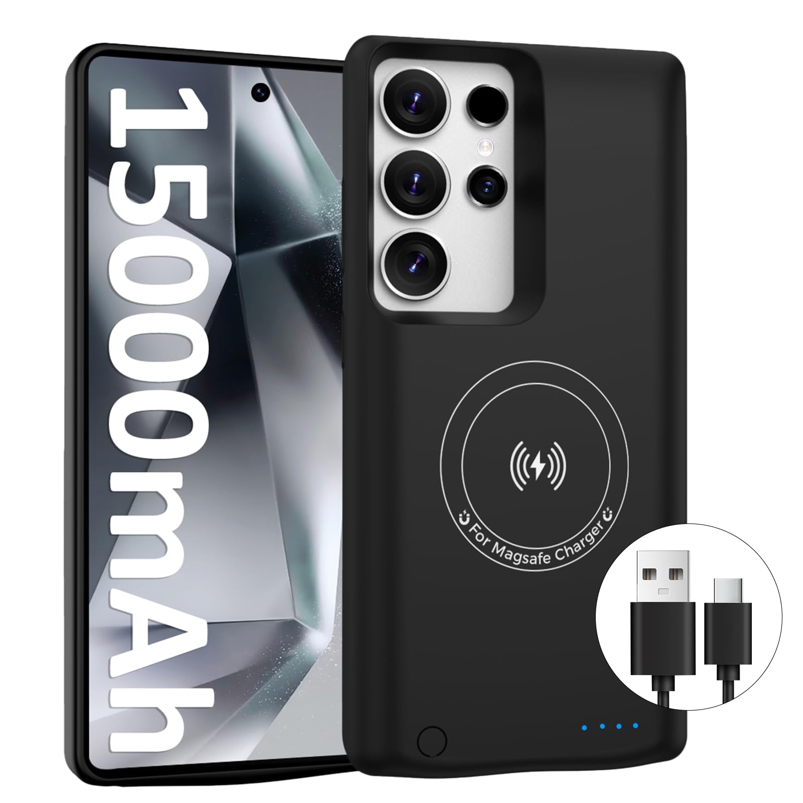 Funda de batería para Samsung Galaxy S24 Ultra (15000 mAh), cargador rápido GaN, funda de carga portátil extendida, cargador inalámbrico con cable USB-C de 20 W (6.8 pulgadas), color negro