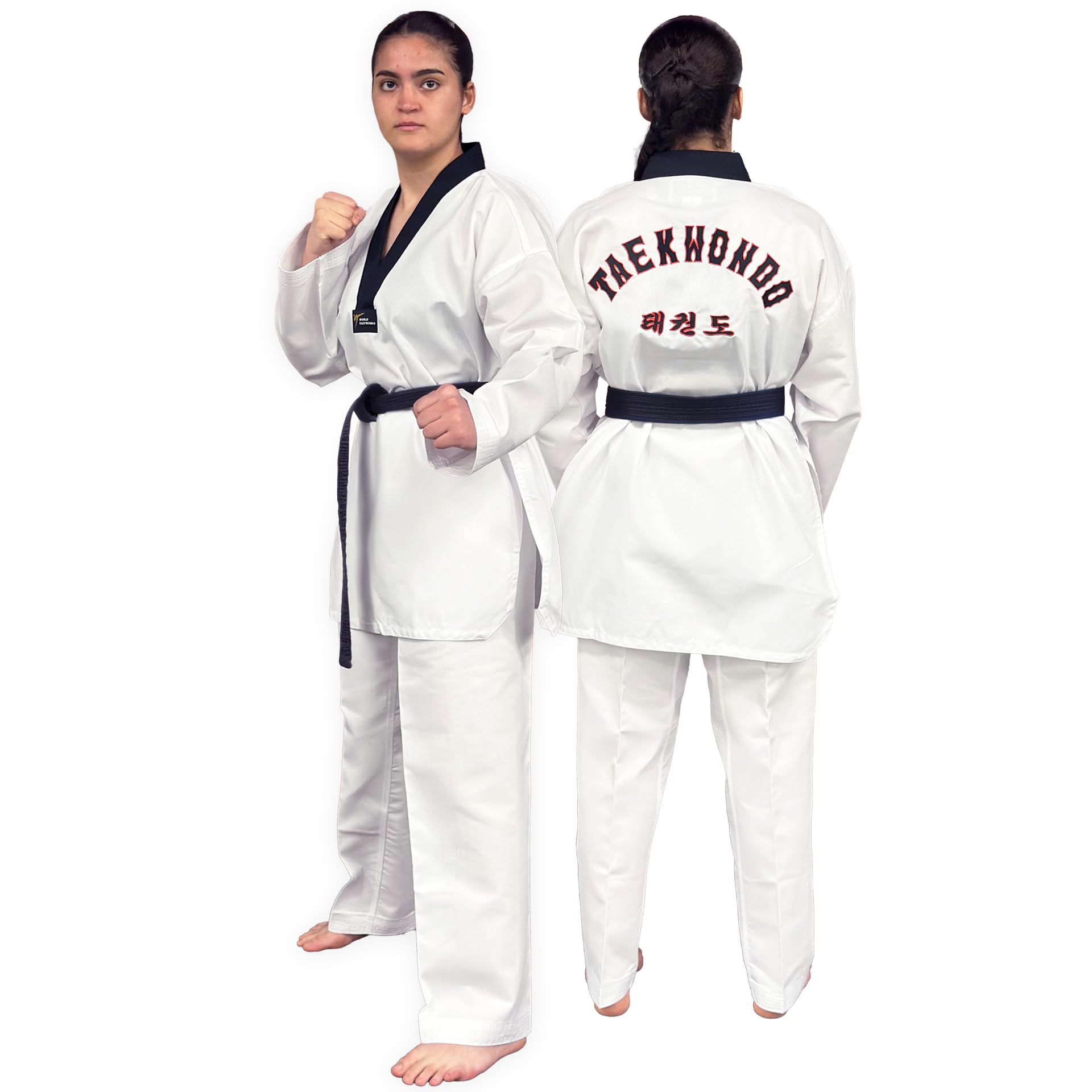 Daedo Taekwondo Uniform - Black Neck, WT Recognized, Ribbed Polyester, Includes Pants & Top with Embroidered Taekwondo