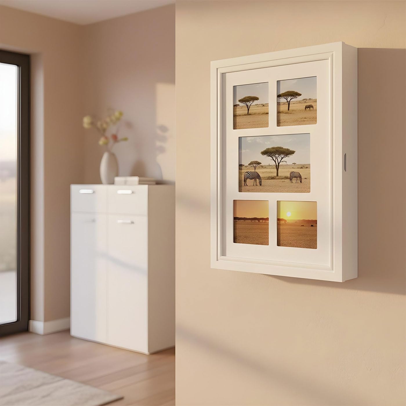 Schmuckschrank Weiß H45cm Bilderrahmen 5 Fotos MDF Holz Schmuckkasten Spiegel Wanddeko Spiegelschrank Schmuckaufbewahrung Organizer Ketten Ringe Ohrringe