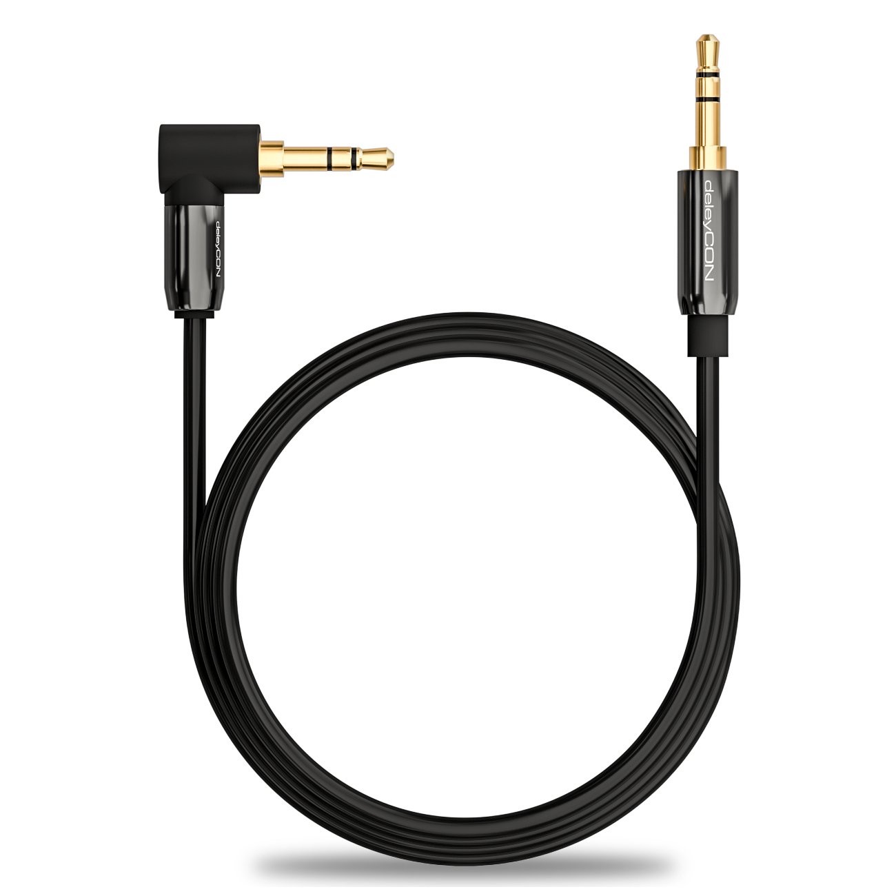 deleyCON 2m Kabel Jack 3,5 mm AUX Kabel Audio Stereo Wtyk Jack 1x Pod Kątem 90° do PC Laptopa Telefonu Smartfona Tabletu Samochodu Amplitunera HiFi - Czarny