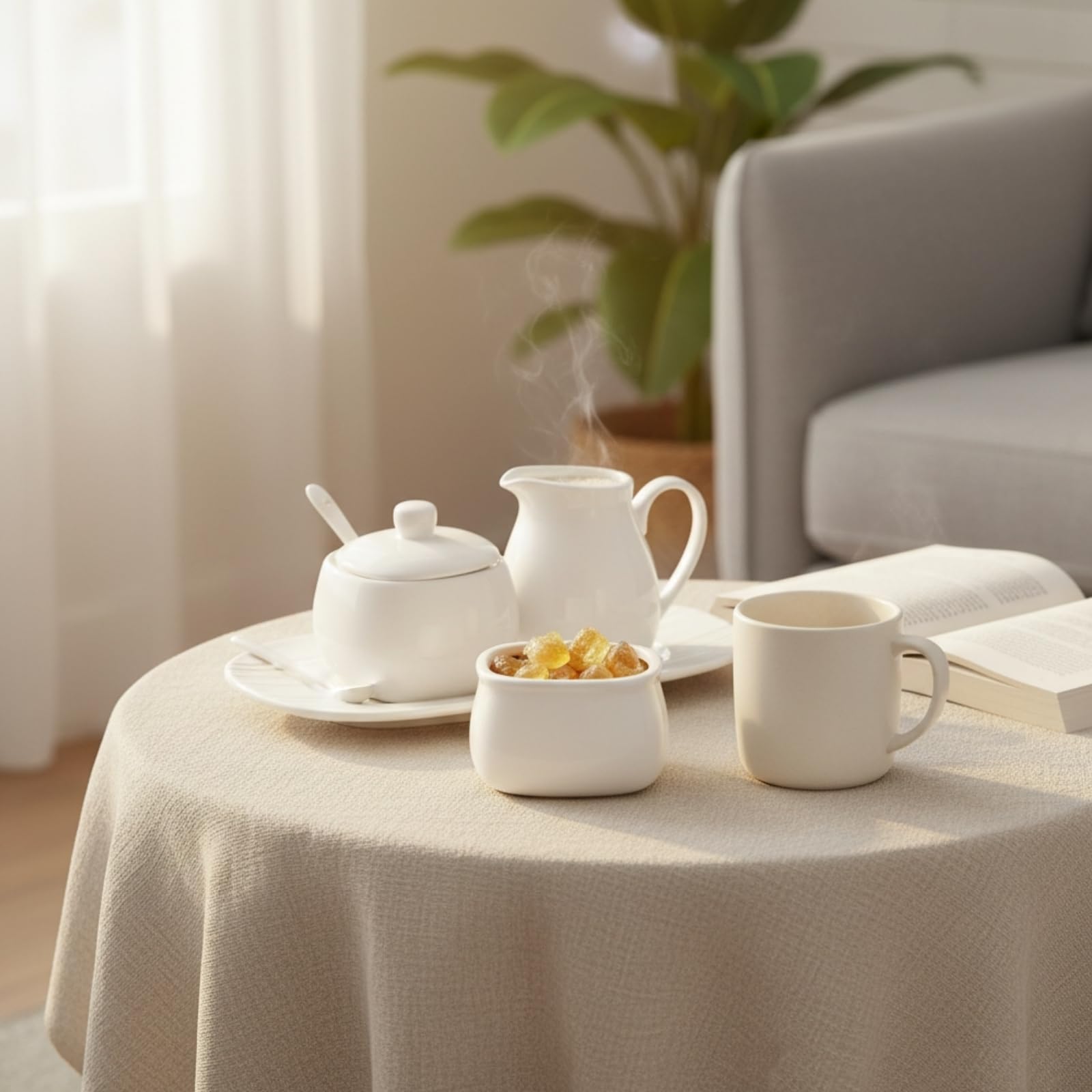 Dicunoy Juego de 4 azucareros y crema con tapa, jarra pequeña blanca con asa, cuchara, bandeja, recipiente de cerámica para edulcorantes para café, té, leche