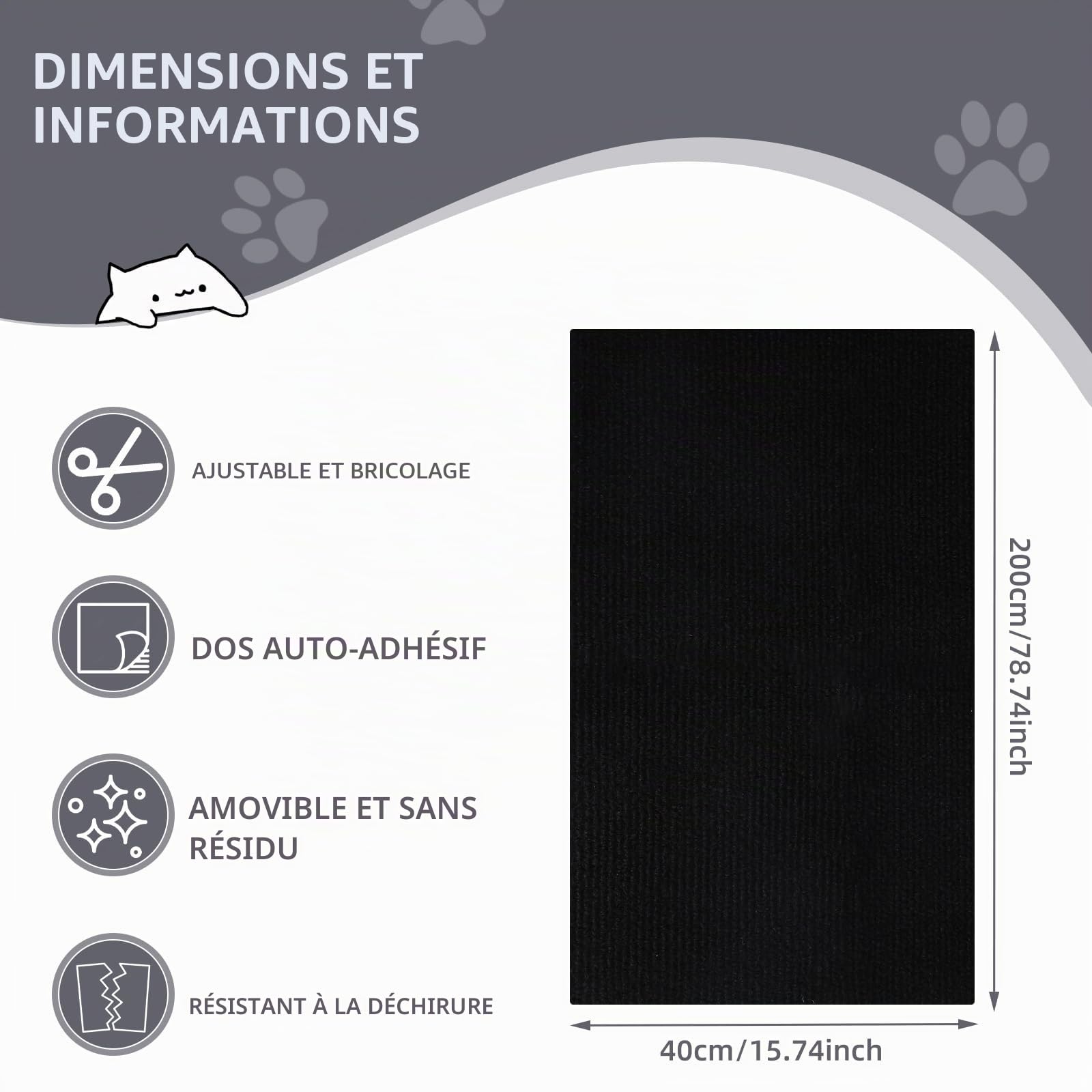 Tapis Griffoir Chat Canapé Auto-AdhéSif: Protection Anti Griffe Chat pour Meuble DIY Trimmable Chats Grattoir pour ProtèGe CanapéS Meuble, 40 Cm ×200 Cm (Noir, 40×200cm)