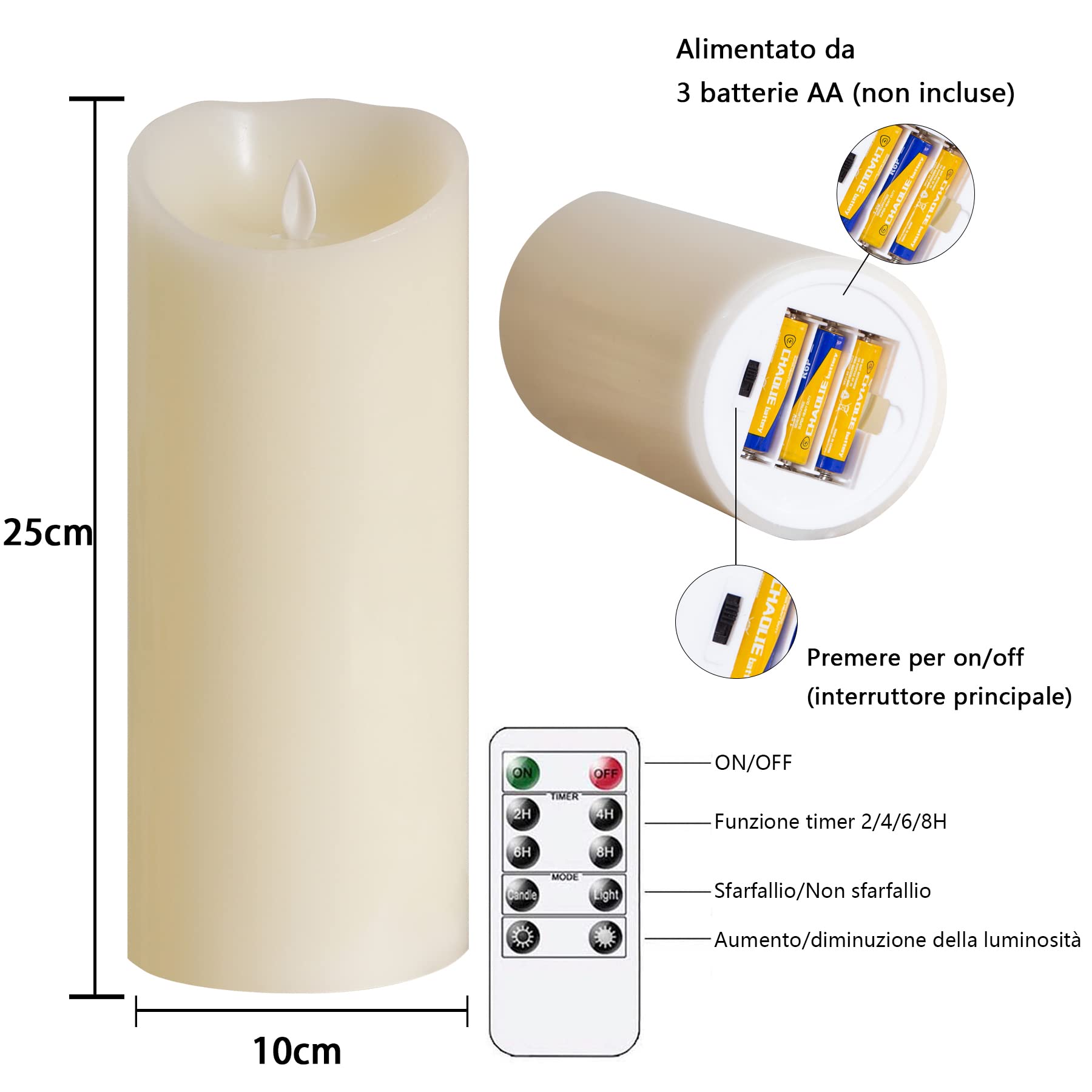 Candele LED Tremolanti Senza Fiamma Con Telecomando - 10 x 25CM, a Batteria, Tempistica, Pilastro di Cera Reale, Avorio - Confezione da 2 Elettriche Finte di Lunga Durata