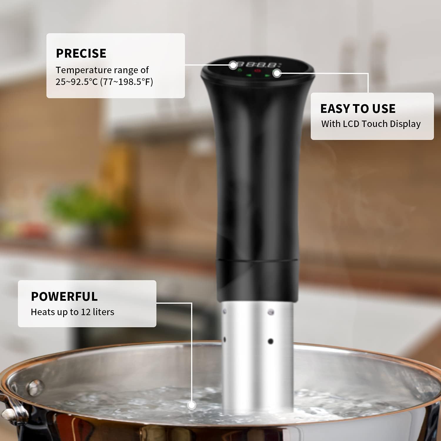 Sous vide Sous-vide Garer, precyzyjny garnek do gotowania, cyrkulator zanurzenia, wydajna, cicha cyrkulacja wody, niski poziom oleju i niskotłuszczowy, zdrowe odżywianie, czarny (wielokrotnego użytku)