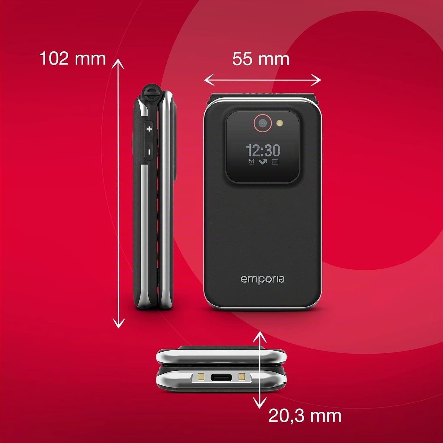 emporiaJOY-LTE Handy, 4G-Volte-Klapphandy für Senioren ohne Vertrag mit Notruftaste, 2,8-Zoll-Display, Rot