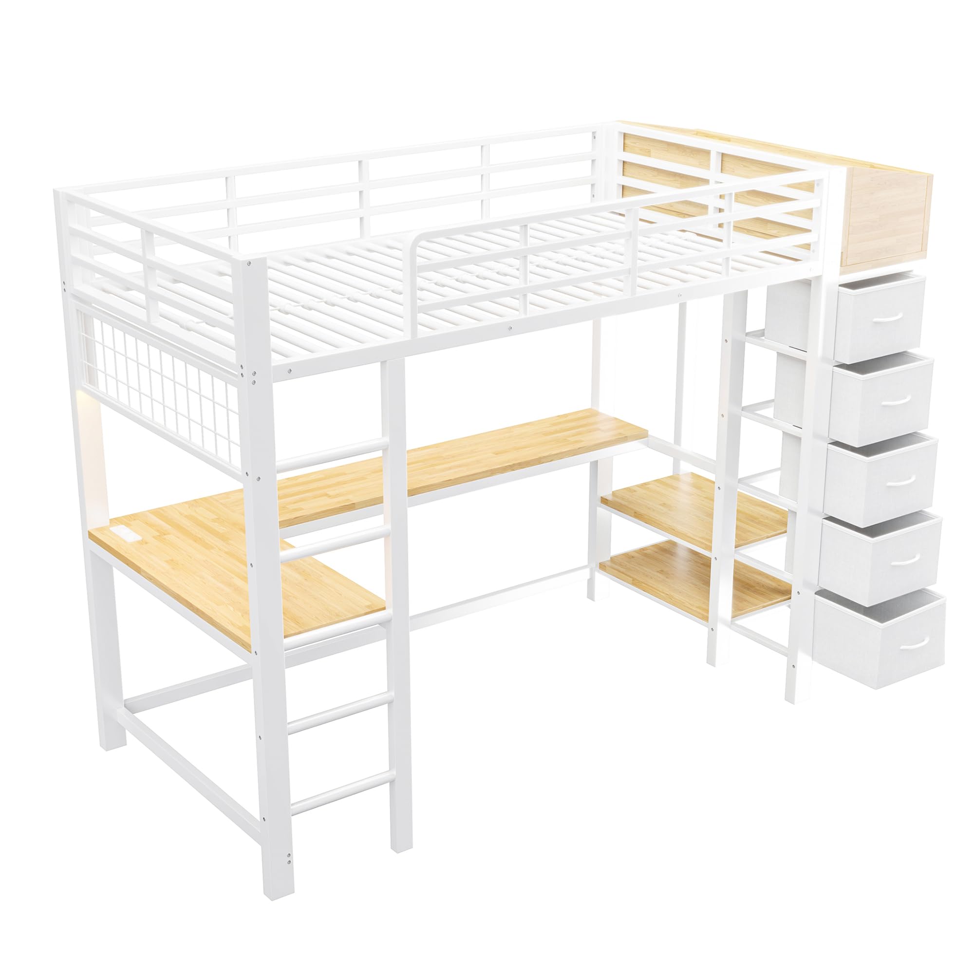 Letto a soppalco in metallo, 90 x 200 cm, scrivania da gioco integrata con prese, 5 cassetti in tessuto, asta appendiabiti, decorazione a griglia, letto da gioco per ragazzi (bianco)