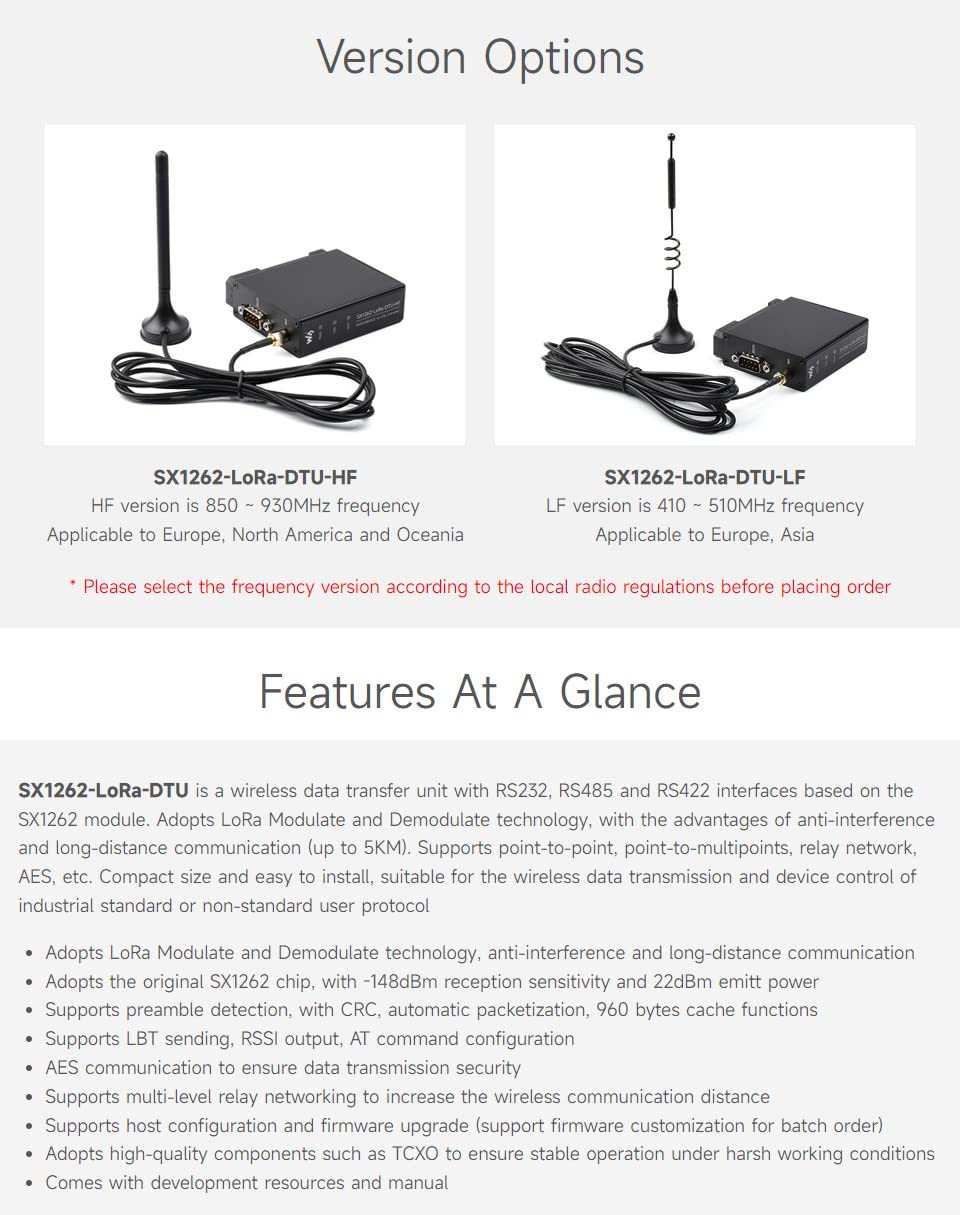 Waveshare Rail-Mount SX1262 LoRa Data Transfer Unit, RS232/RS485/RS422 to LoRa, Suit for Sub-GH, HF version, Applicable to Europe/North America/Oceania