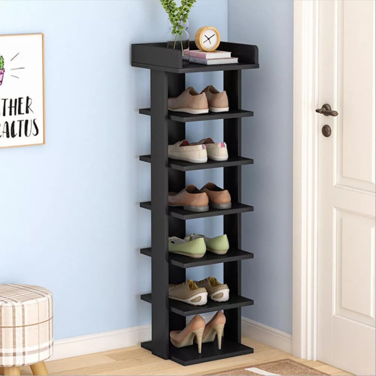 Narrow Shoe Rack Black, Wooden Shoes Shelf 7-Tier, Vertical Shoes Storage Cabinet, Tall Entryway Shoe Tower Slim Free Standing Footwear Organizer for Narrow Closet, Bedroom,Hallway,Entryway