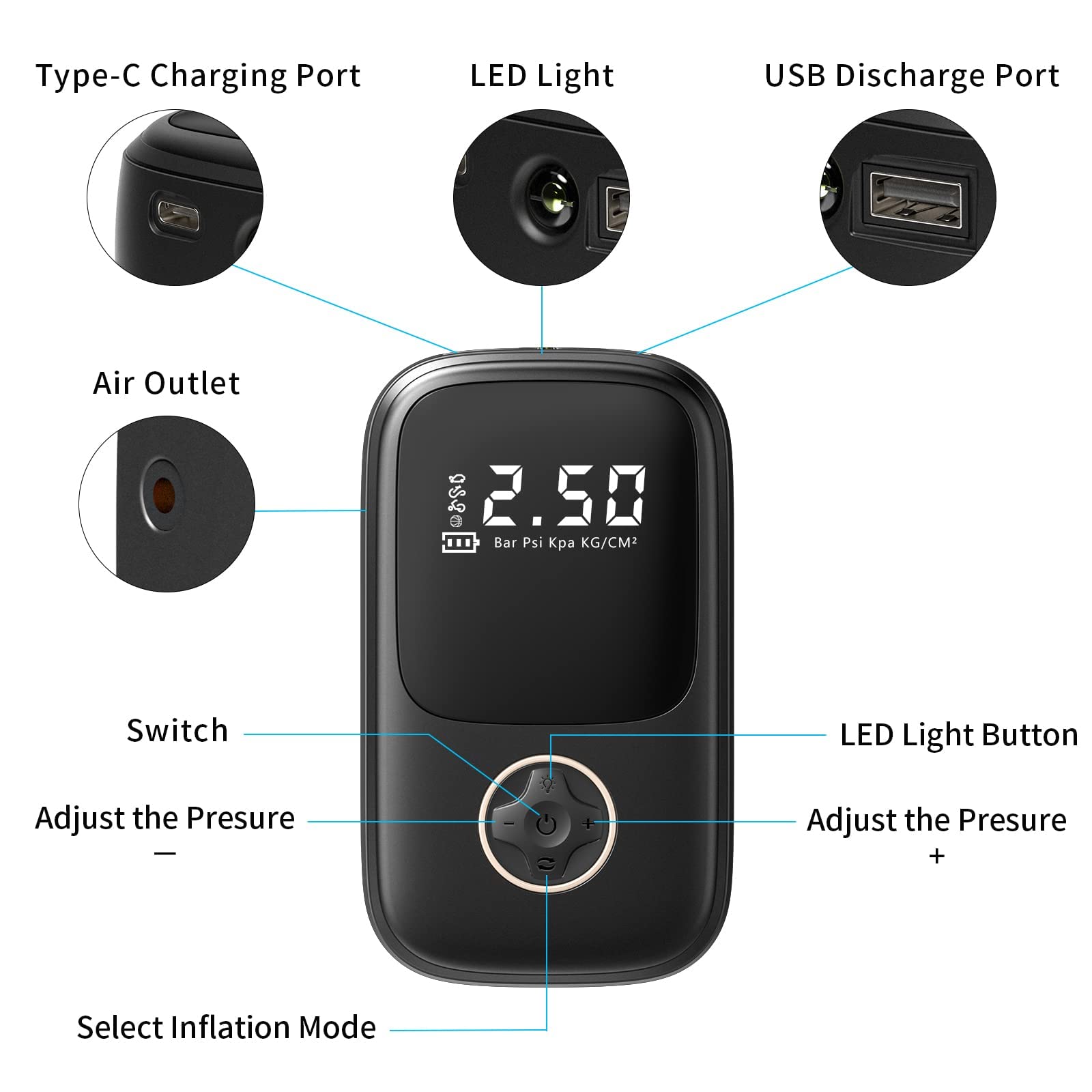 Pompe à Air Rechargeable – 150 Psi, Batterie 2000 MAh, écran LCD, Arrêt Auto, Pour Voiture/vélo/balle