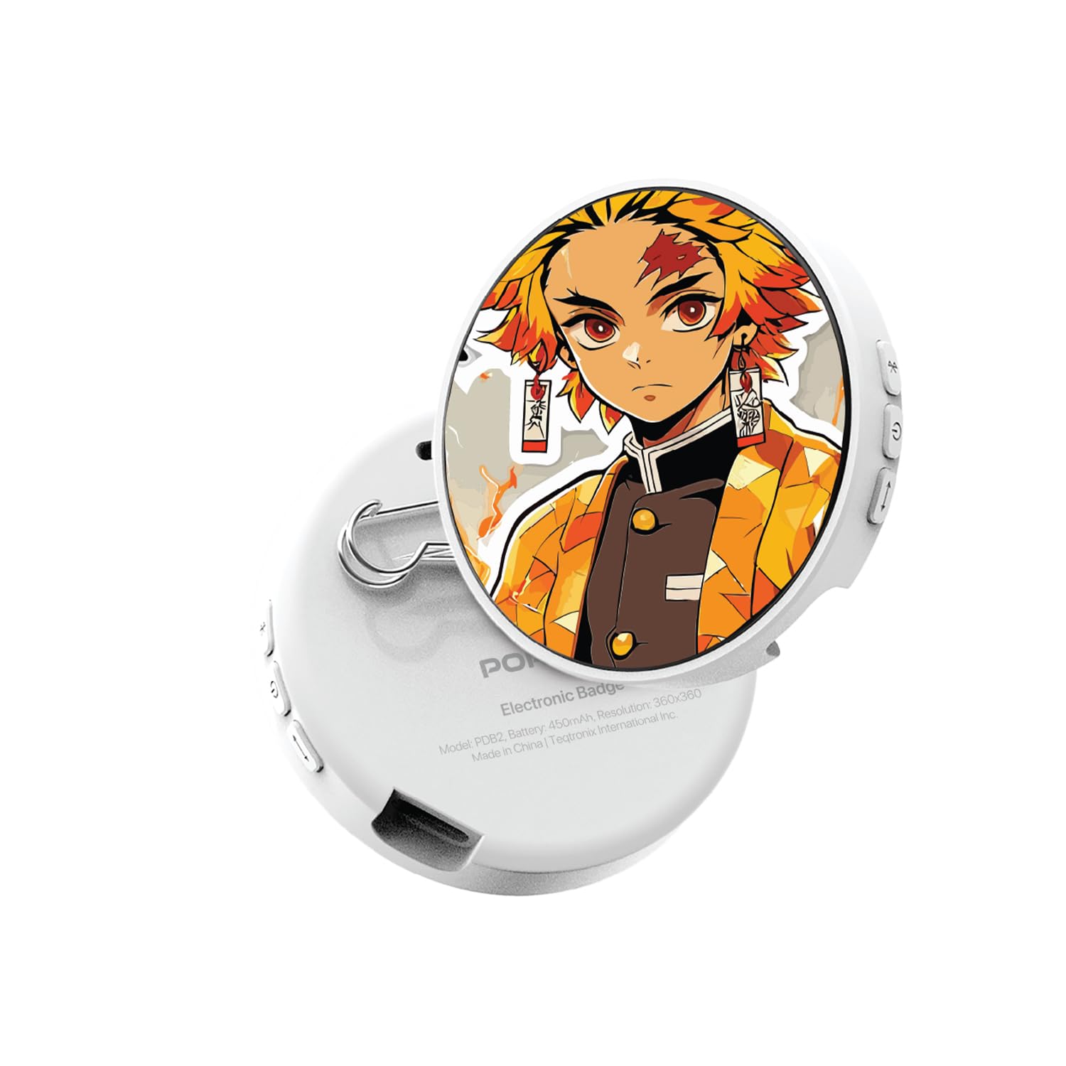 Porodo Robo Tag Electronic E-Badge Magic Pro, HD Screen 1.85 Inch Smart Pin, Wearable Electronic Digital Badge, Custom GIF Animation & 3-Second Video, Bluetooth V5.4, Multi-Color Light Mode - White