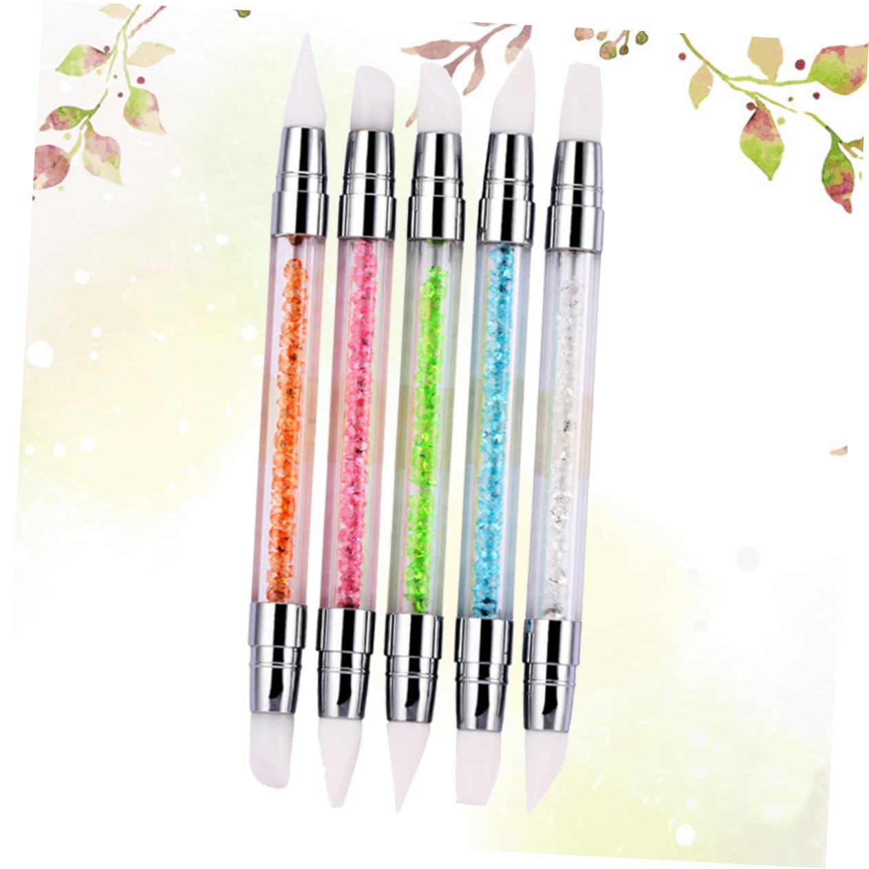 OSOLADY 5Pcs Double Ended Silicone Nail Art Brush with Diamond Handle Manicure Tool for Painting Carving and Drawing Fine Lines Durable Design