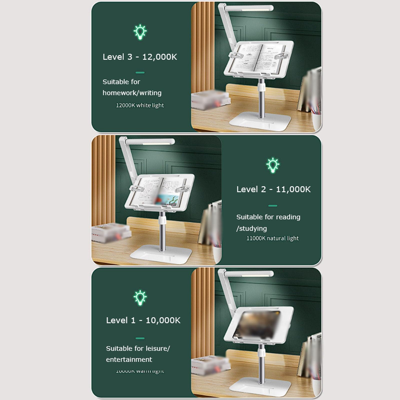 Pupitre de lecture réglable en hauteur avec éclairage à 3 niveaux luminosité, support livre alliage d'aluminium for position assise/debout