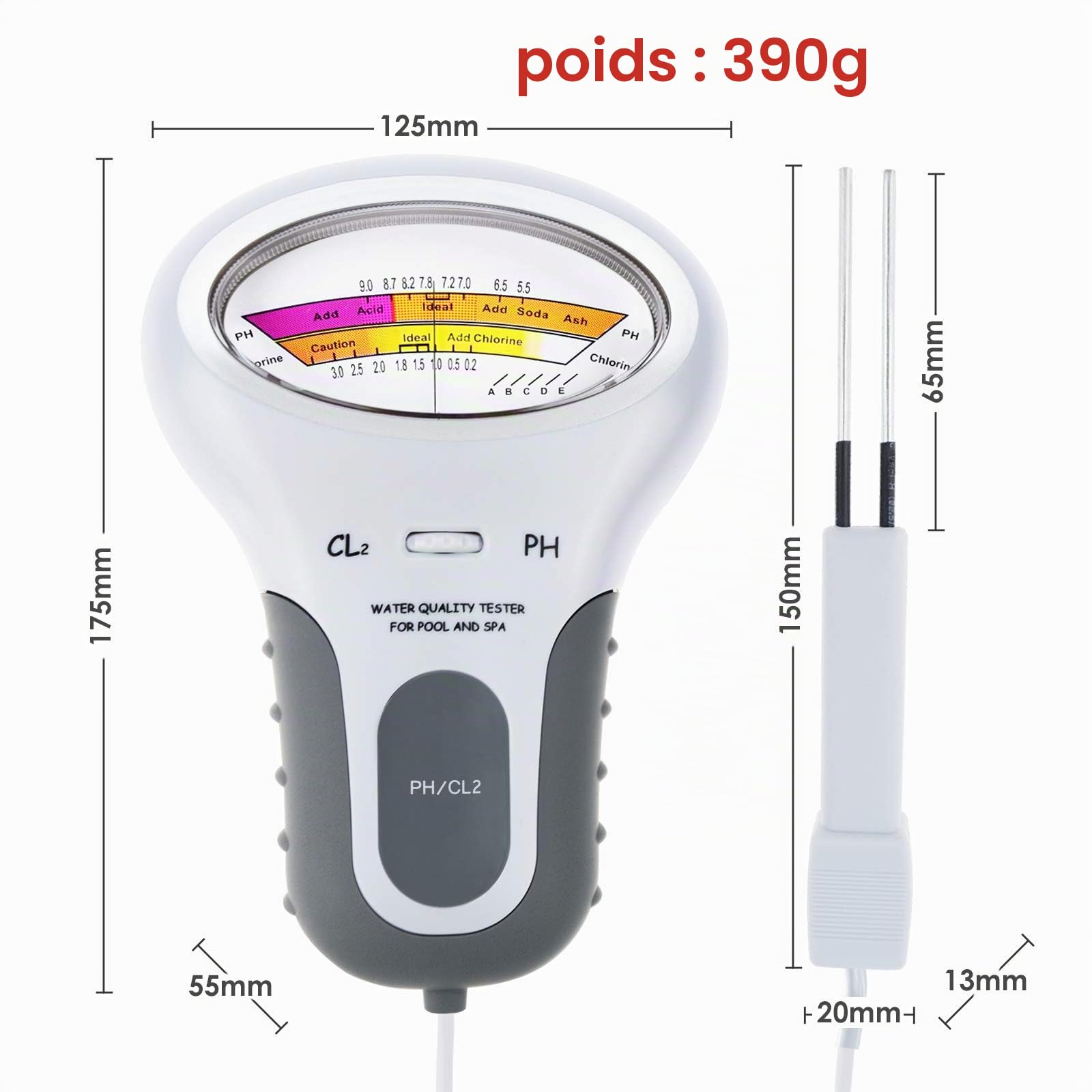 2-in-1 Chlore & PH Meter Testeur de piscine, CL2 Level Meter Test