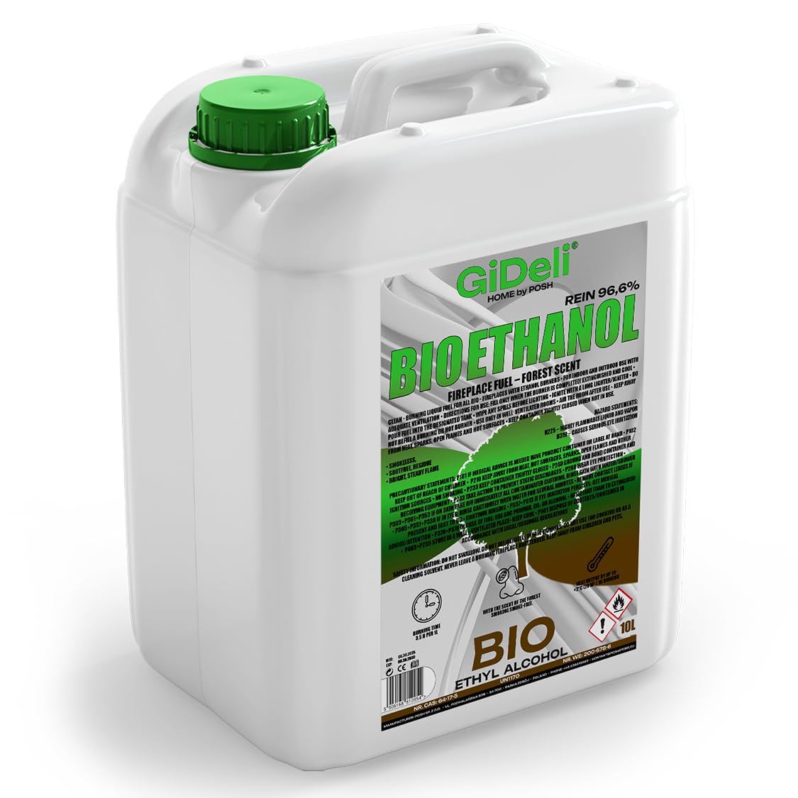 GiDeli Bioetanolo 10 l profumo forestale 96,6% etanolo per camini interni ed esterni, senza fumo e fuliggine, da mais e barbabietola da zucchero