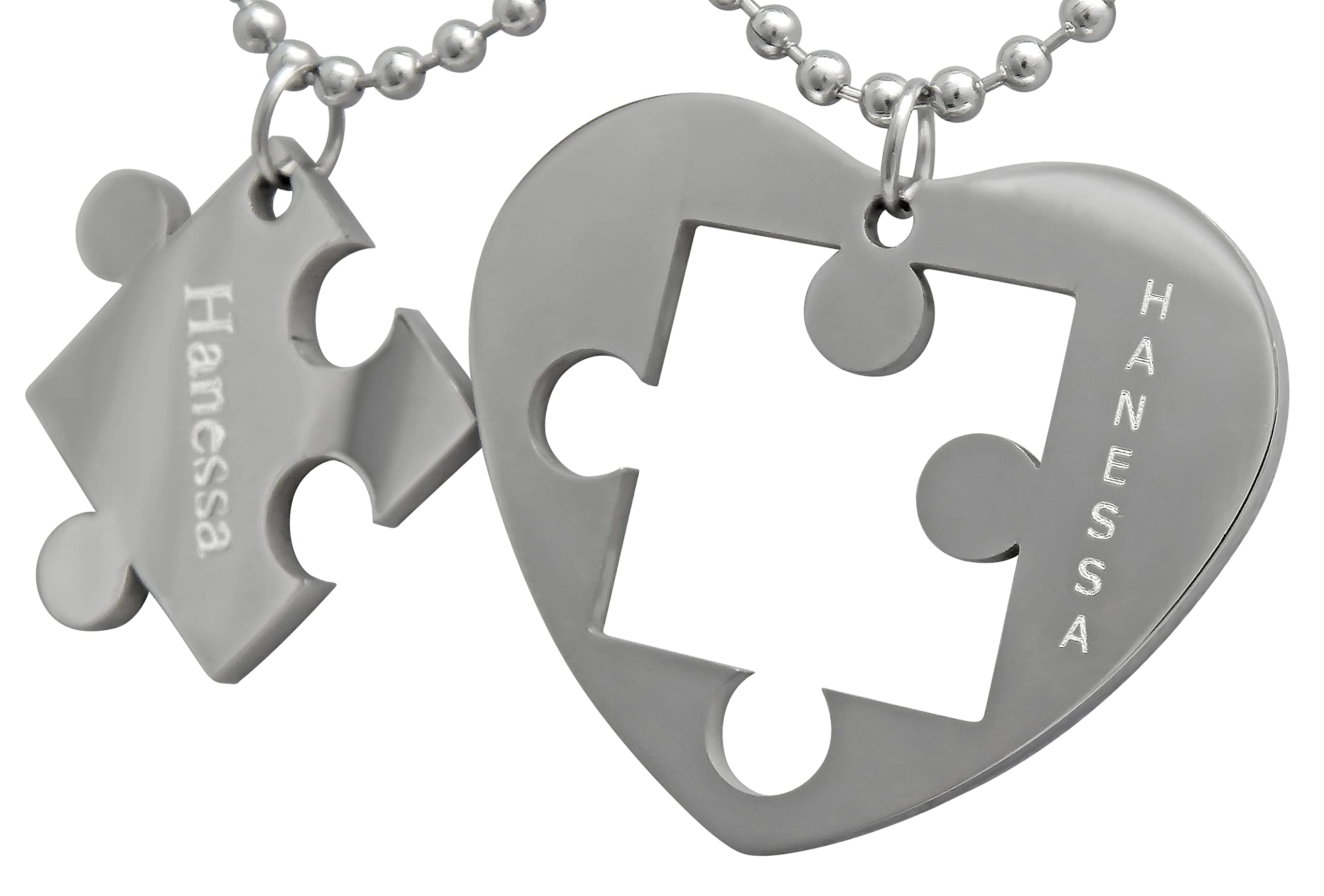 2 Stück Personalisierte Kette mit Gravur Edelstahl 60 cm mit Anhänger Herz Puzzle in silber - Personalisierte Geschenke für Damen Herren Freundin Freund - Partner Halskette für Sie und Ihn