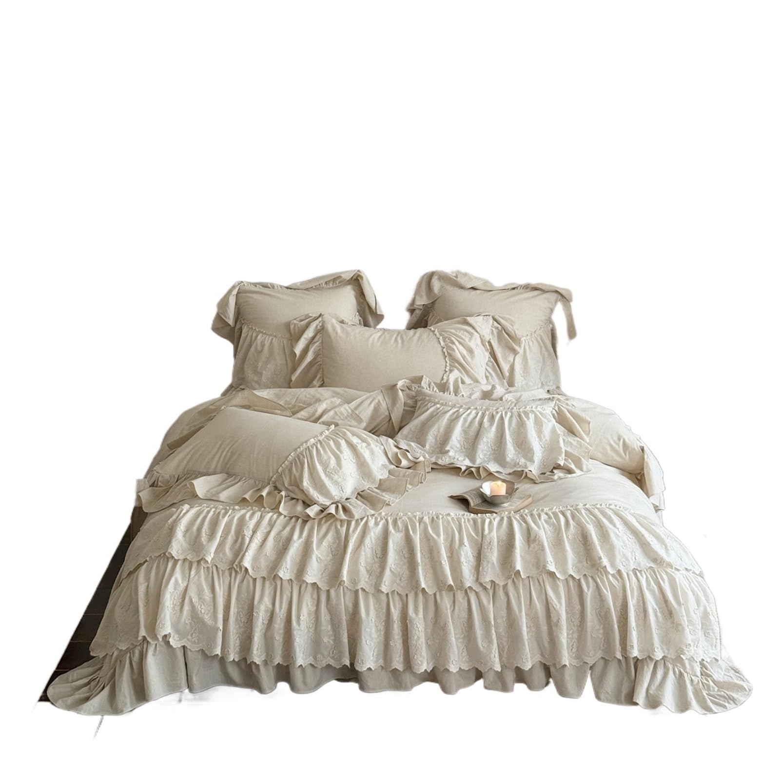 GCYEIDMA Ruffle Duvet Cover Double Layer Lace Ruffles Princess Bedding Set Ramie, Cotton Duvet Cover Quilted Bedspread Pillowcases 4Pcs(Color 2,Queen 200X230cm 4pcs)