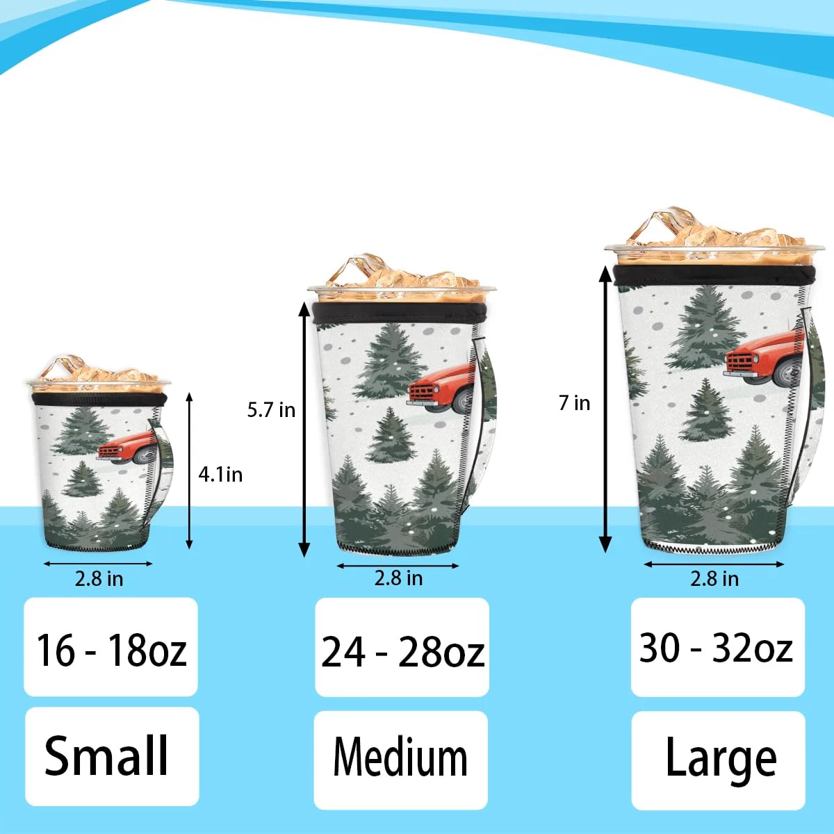 Truck Christmas Tree Snowflake M Reusable Iced Insulator Coffee Sleeves Neoprene Insulated Sleeves With Handle Coffee Sleeves for Iced Coffee Cups Drinks